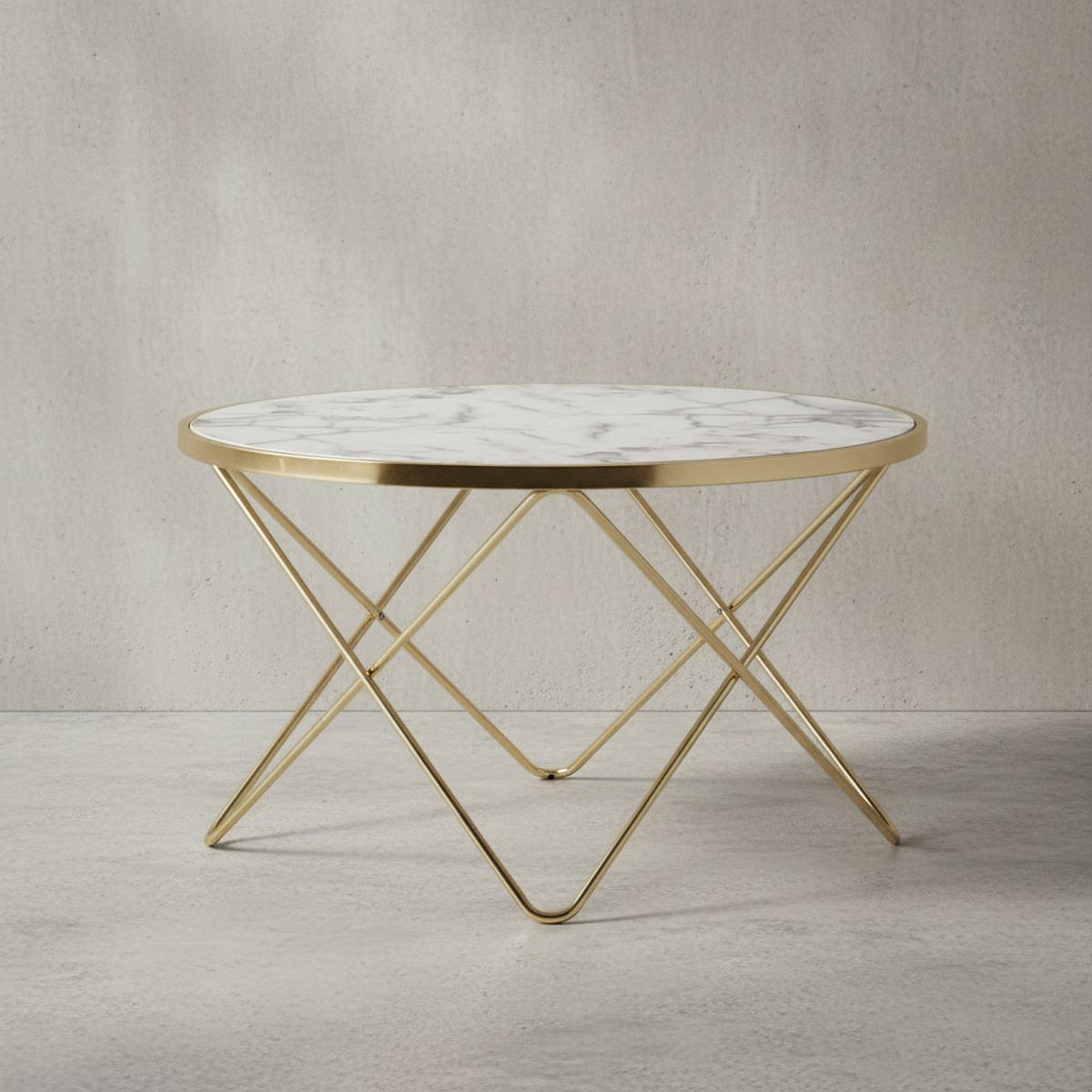 COUCHTISCH in Marmor-Optik mit filigranem Metallgestell in Gold - Goldfarben, Holz/Metall (85/85/49cm) - KADIMA DESIGN