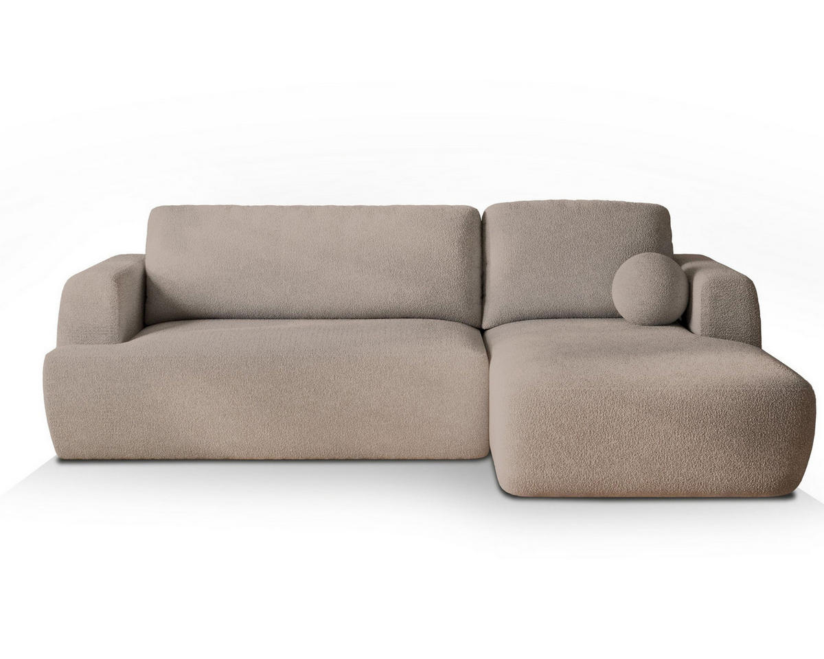 ECKSOFA SENTI N R-S Beige Boucle-Stoff mit Schlaffunktion - Beige, Holz (246/148cm) - MASSENO