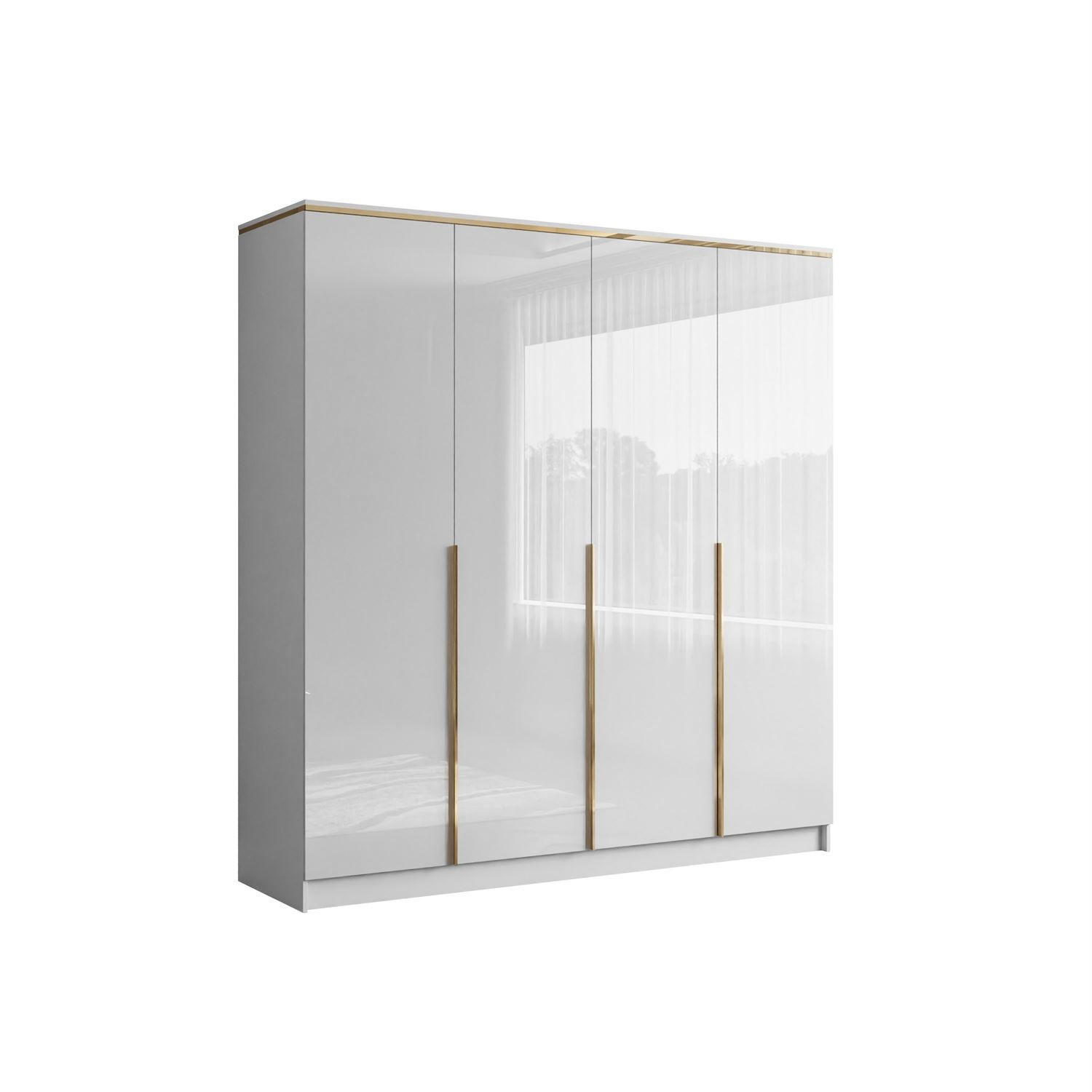 KLEIDERSCHRANK AURORA 4D mit goldenen Griffen - Weiß Hochglanz/Goldfarben, Holzwerkstoff (200/213/57cm) - Lookway
