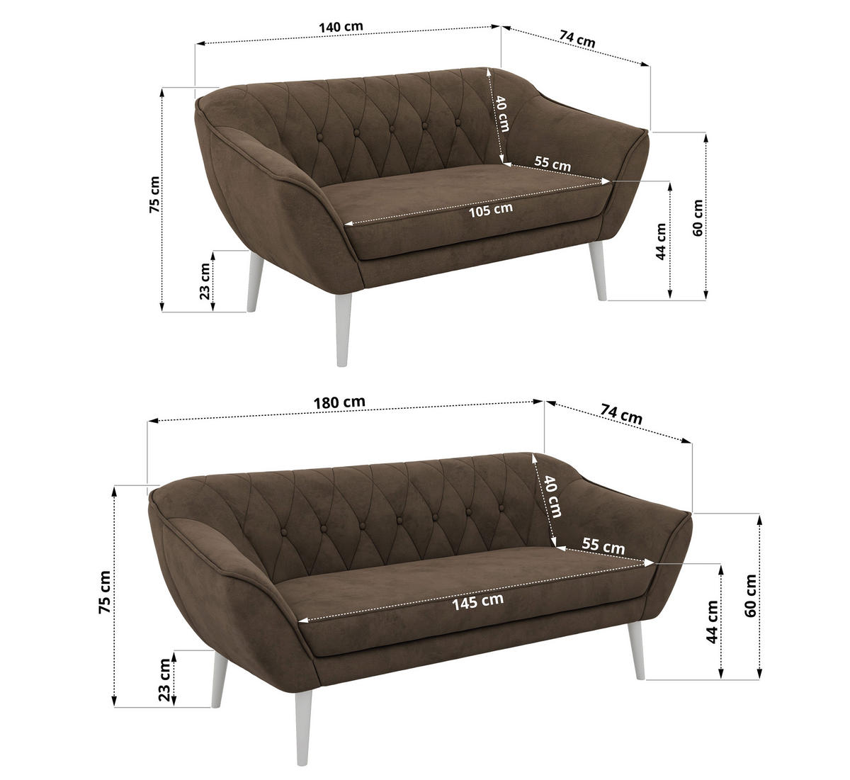 SEDACÍ SOUPRAVA 3+2 PIRS - Hnědá Samet - Bílé nohy - bílá/tmavě hnědá, kompozitní dřevo/textil (180/75/74cm) - MKS