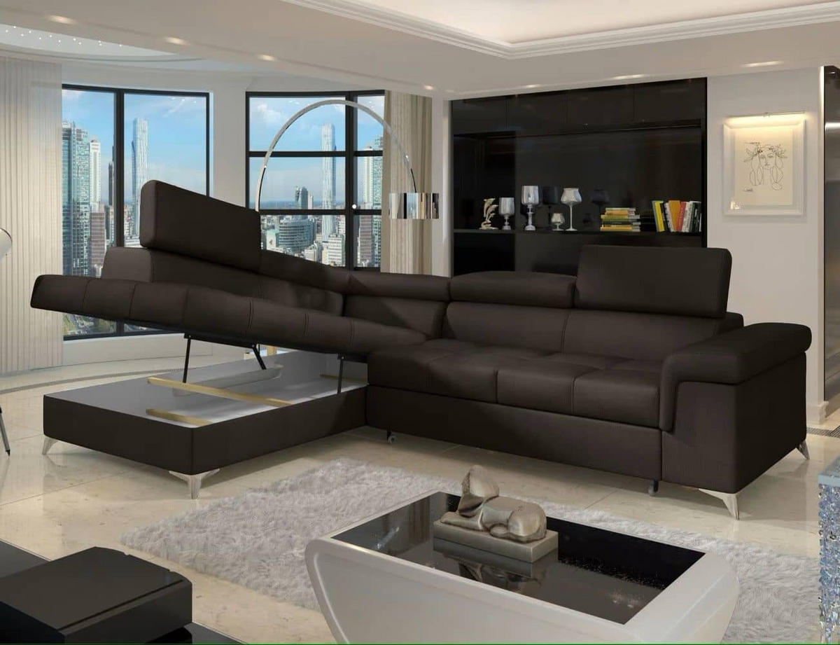 ECKSOFA mit Schlaffunktion und Bettkasten, pflegeleichter Monolith-Stoff - Chromfarben/Dunkelbraun, Textil/Metall (275/202cm) - Eltap