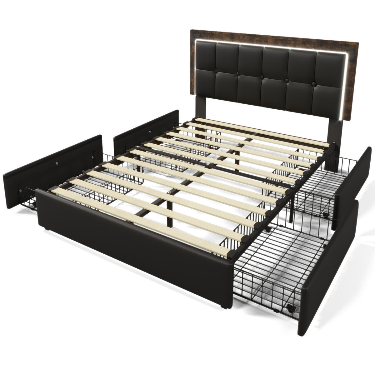 POLSTERBETT mit LED-Beleuchtung 140/200 cm mit Schubladen & verstellbarem Kopfteil - Schwarz, Kunststoff (140/200cm) - BEAOK