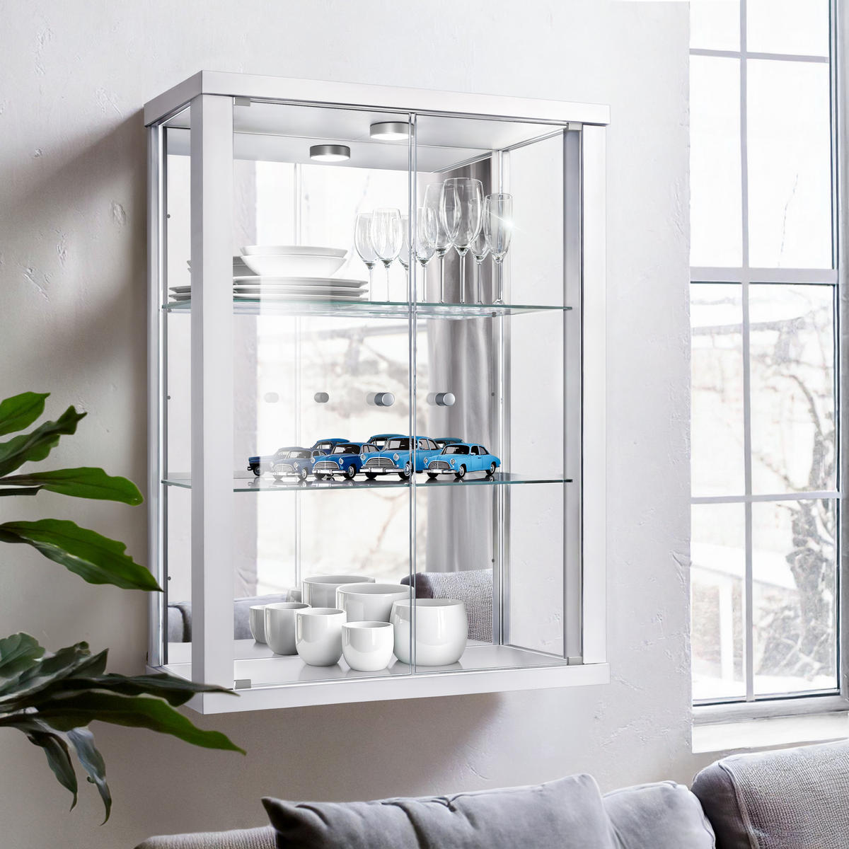 HÄNGEVITRINE 25/60/80 cm mit Spiegel, LED & 2 höhenverstellbaren Glasböden - Transparent/Silberfarben, Glas/Holzwerkstoff (60/80/25cm) - K-Möbel