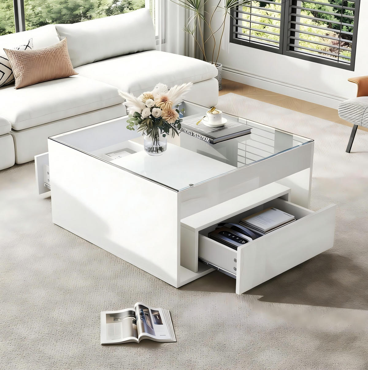 COUCHTISCH in Weiß Kaffeetisch mit 2 Schubladen, LED & gehärtetem Glas, Hochglanz, für Wohnzimmer, B70/T70/H35cm - Weiß, Glas/Holzwerkstoff (70/70/35cm) - STILVORA