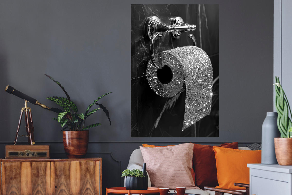 WANDTATTOO WC - Toilettenpapier - Schwarz und weiß - Glitter 80x120 cm - Silberfarben, Kunststoff (80/120/0.1cm) - MuchoWow