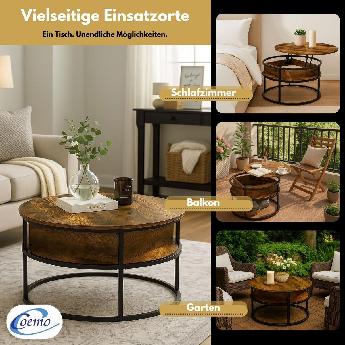 COUCHTISCH SWING Baun verstellbare Tischplatte Aufbewahrungsfach - Braun, Metall (80/80/47cm) - Coemo