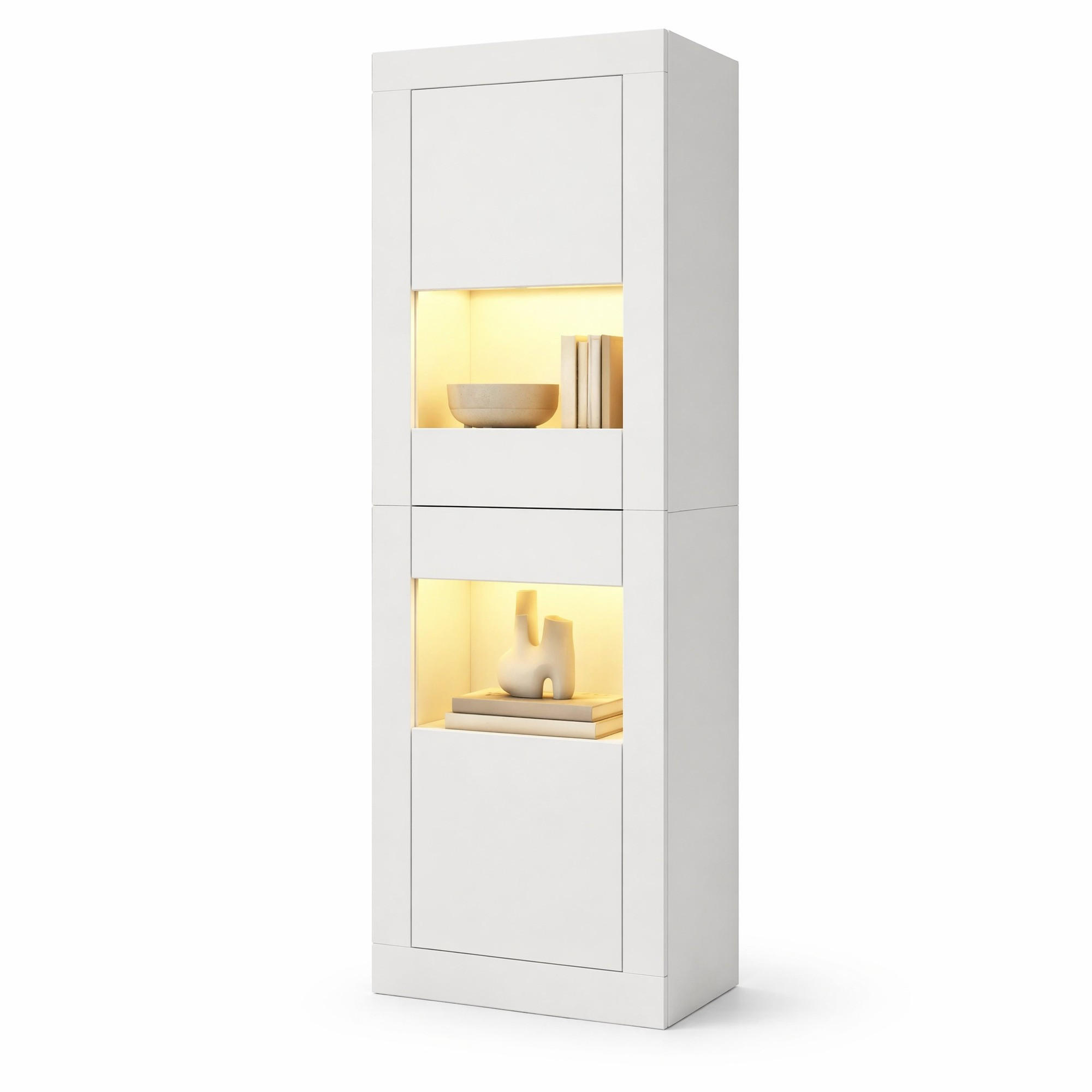 VITRINE in Weiß Highboard mit LED-Beleuchtung und Glasboden für Wohnzimmer und Schlafzimmer, B61/T42/H162 cm - Weiß, Glas/Holzwerkstoff (61/162/42cm) - STILVORA