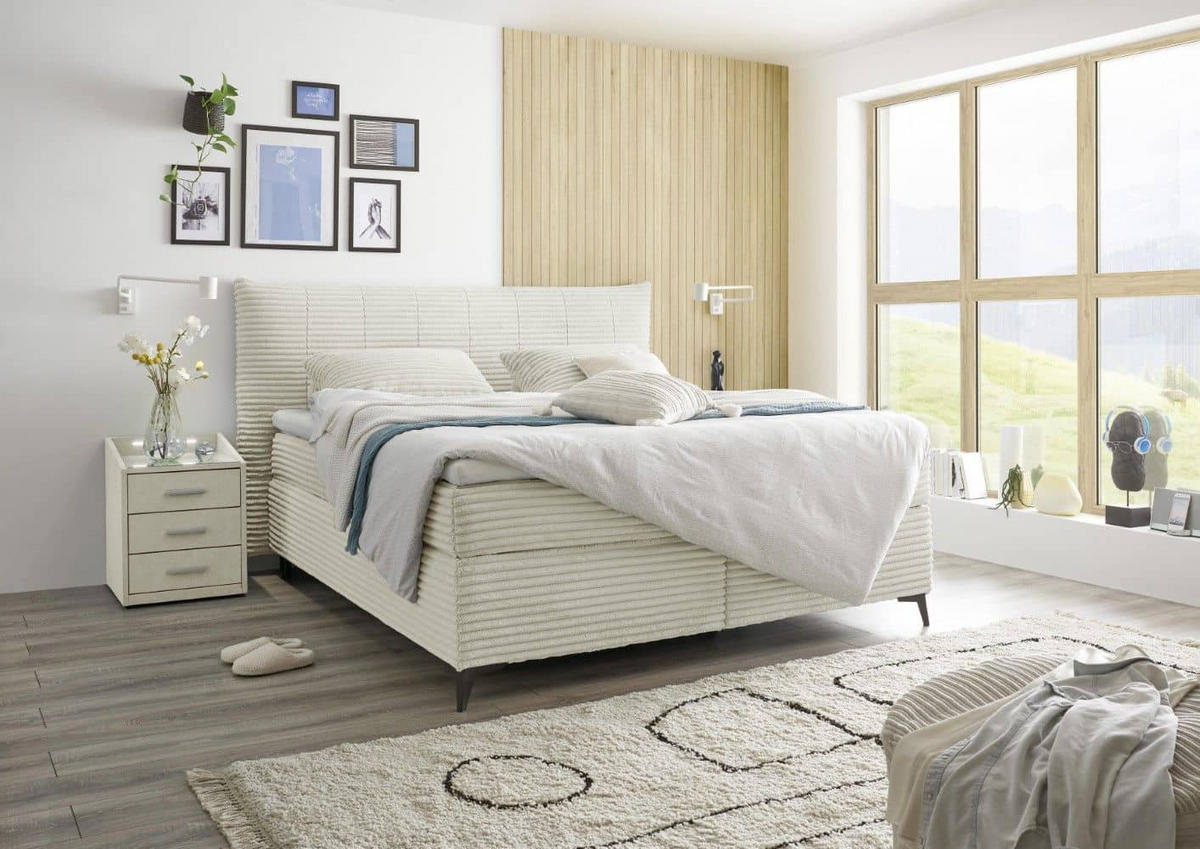BOXSPRINGBETT 180x200 – Breitcord, Duo 7-Zonen-Tonnentaschen-Federkernmatratze, H3/H4, HR-Lux-Topper - Salbeigrün/Beige, Holz/Kunststoff (180/200cm) - ed exciting design