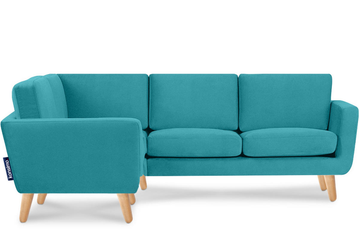 ECKSOFA-LINKS TAGIO 3/4 Sitzer, blau - Türkis/Braun, Buchenholz/Textil (220/181cm) - KONSIMO®