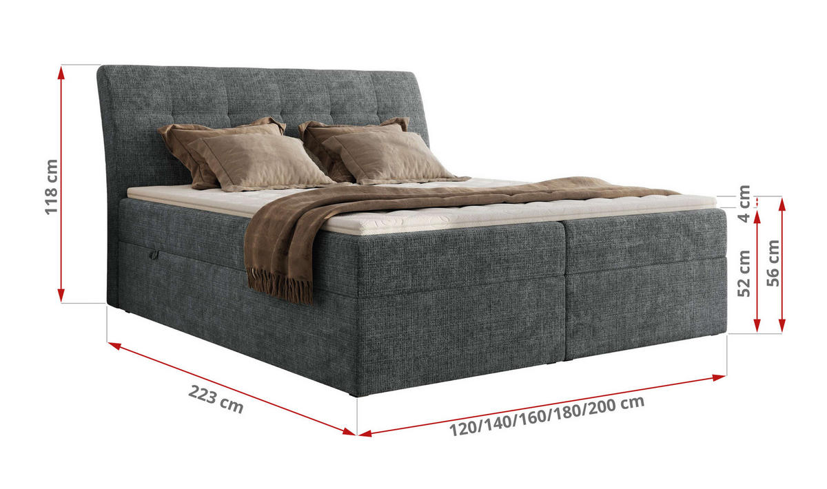 BOXBETT DAGOS 200/200 - Grau Schenille grob gewebt - H4 - Topper Visco - Grau, Textil (200/200cm) - MKS