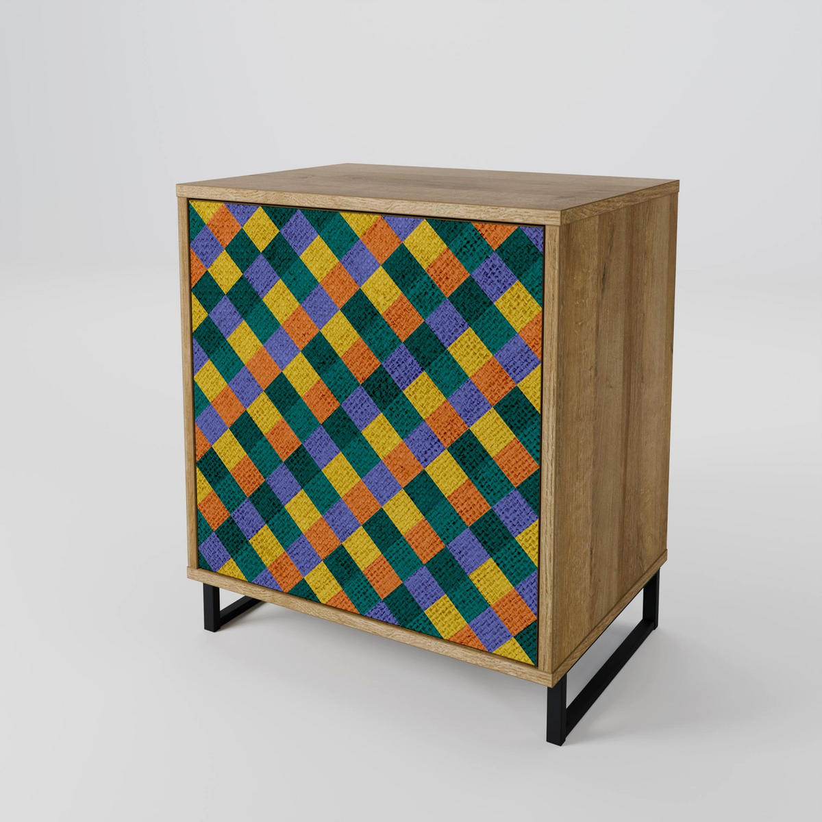 SIDEBOARD PAINTED SQUARES MIX, Eichefarben, 57,5x42x72,5 cm, Schwarze Metallfüße - Eichefarben/Multicolor, Holzwerkstoff/Metall (57.5/72.5/42cm) - SpaceRebels