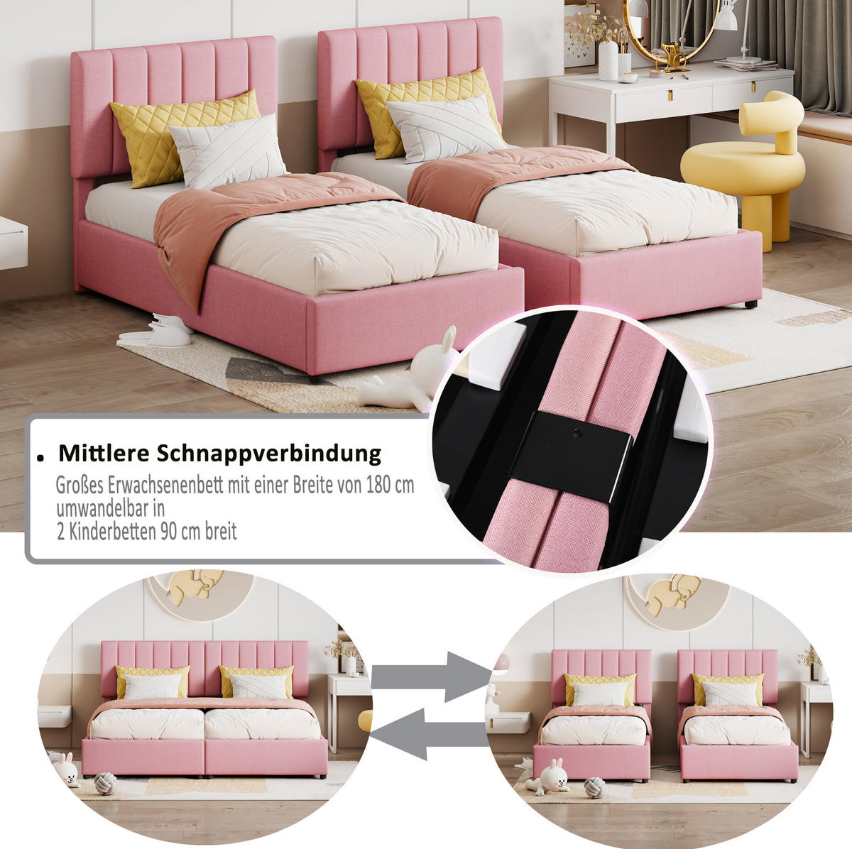POLSTERBETT 180/200 cm Rosa mit Hydraulik, Stauraum und Lattenrost ohne Matratze - Pink, Textil (180/200cm) - MIVRAY