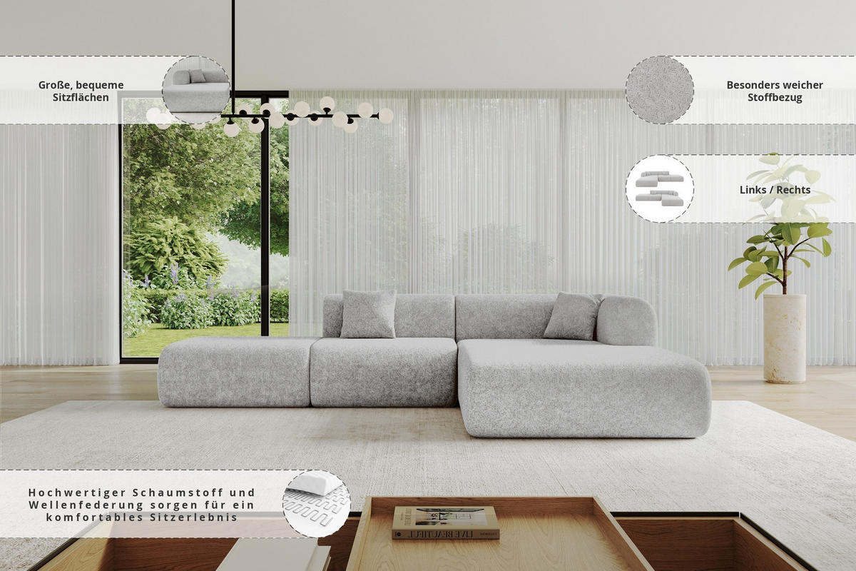 ECKSOFA Ottomane Rechts OVLY-L 289x176x71 Grau Chenille - Titanfarben/Schwarz, Holzwerkstoff/Kunststoff (289/176cm) - ALTDECOR
