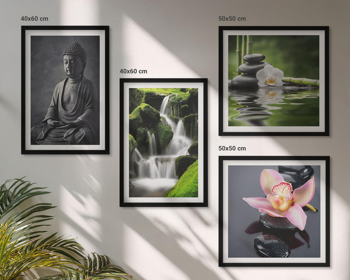 WANDBILDER 4er-Set - 50x50 cm & 40x60 cm Schwarzer Rahmen - Zen-Gemälde, Wassersteine, Buddha - Schwarz, Kunststoff (50/50cm) - ArtPrintCave