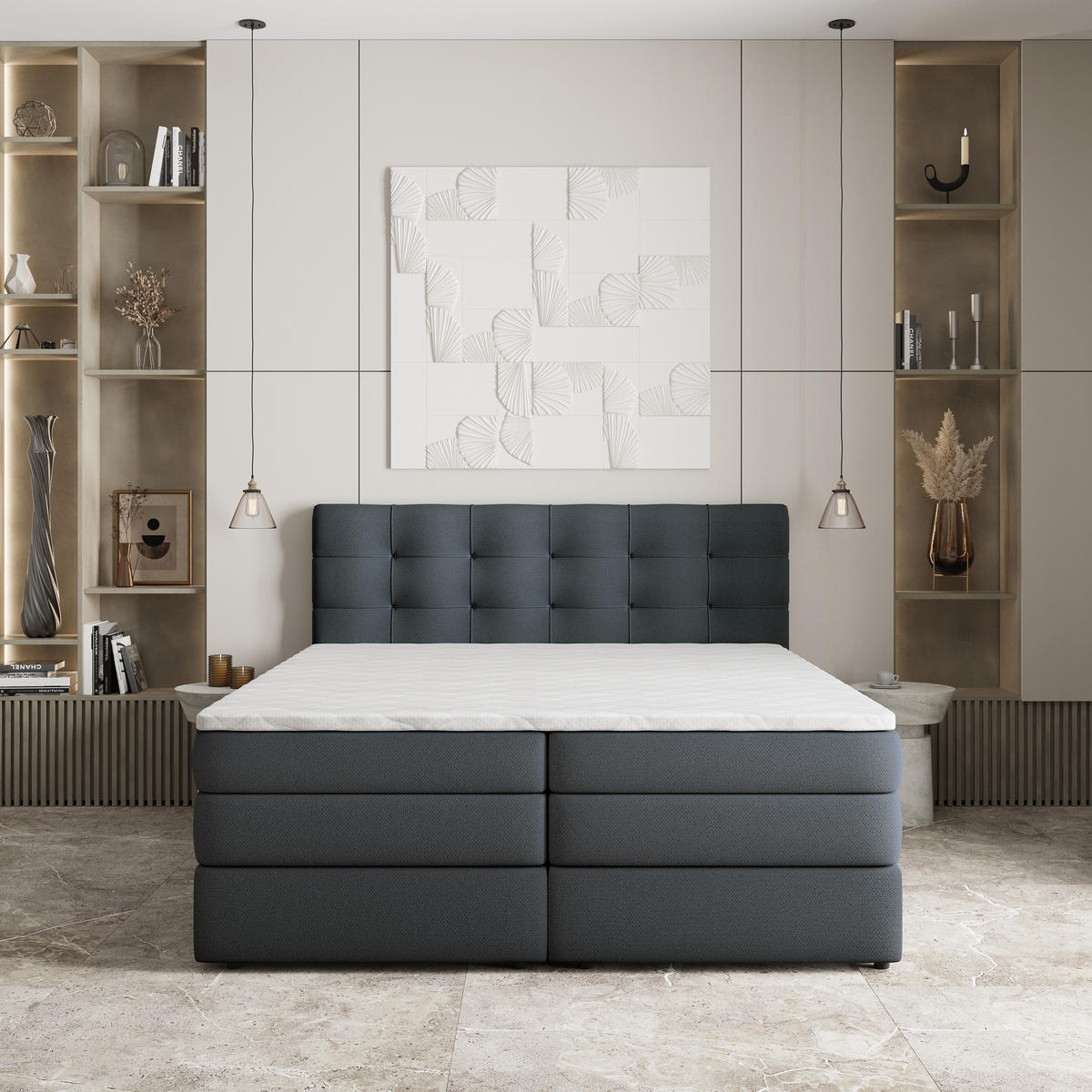 BOXSPRINGBETT AREZI 140x200 cm mit Matratze und Topper - Graphitfarben - Graphitfarben, Holz (140/200cm) - MASSENO