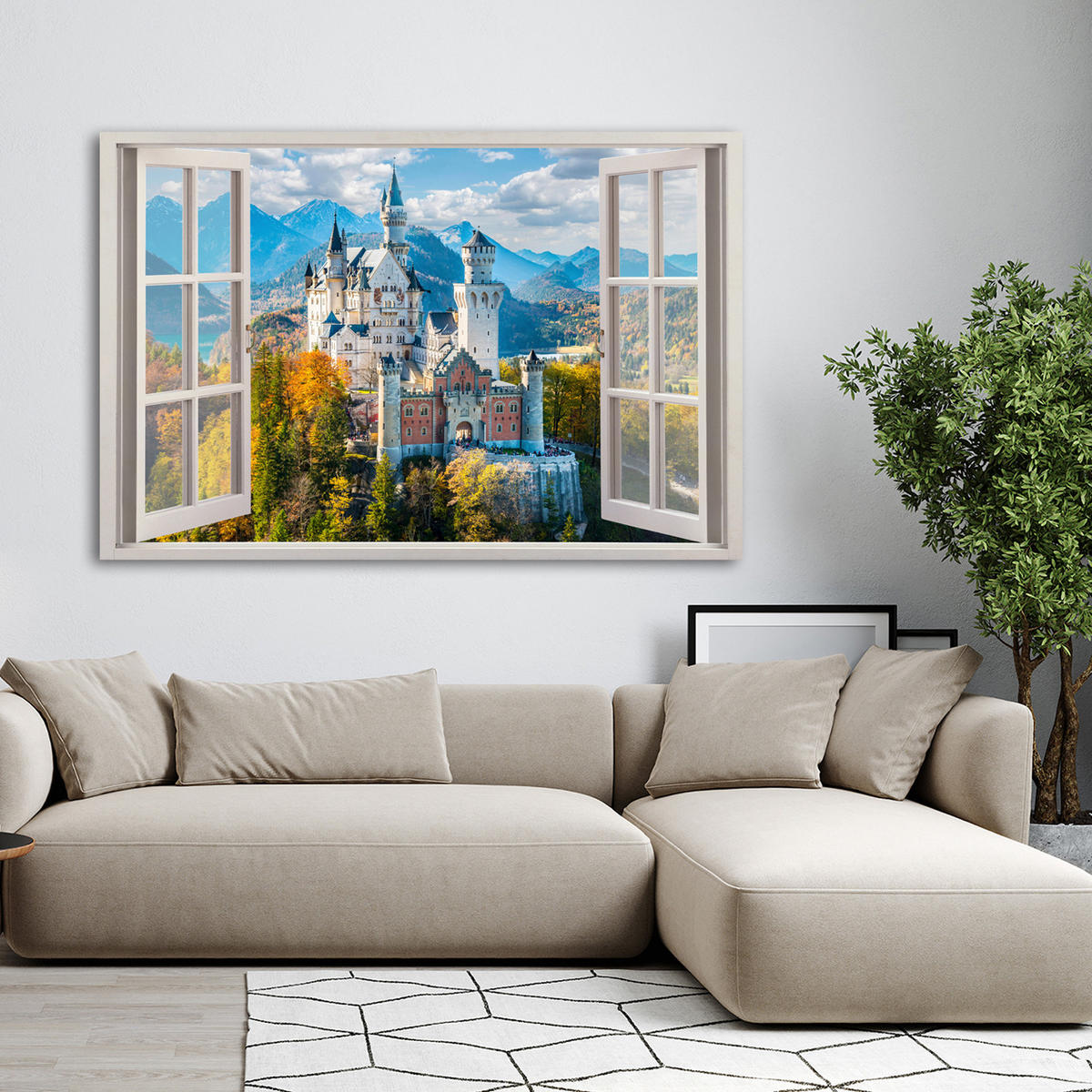 WANDBILD fensterblick schloss architektur landschaft - Blau, Textil (60/40cm) - Feeby