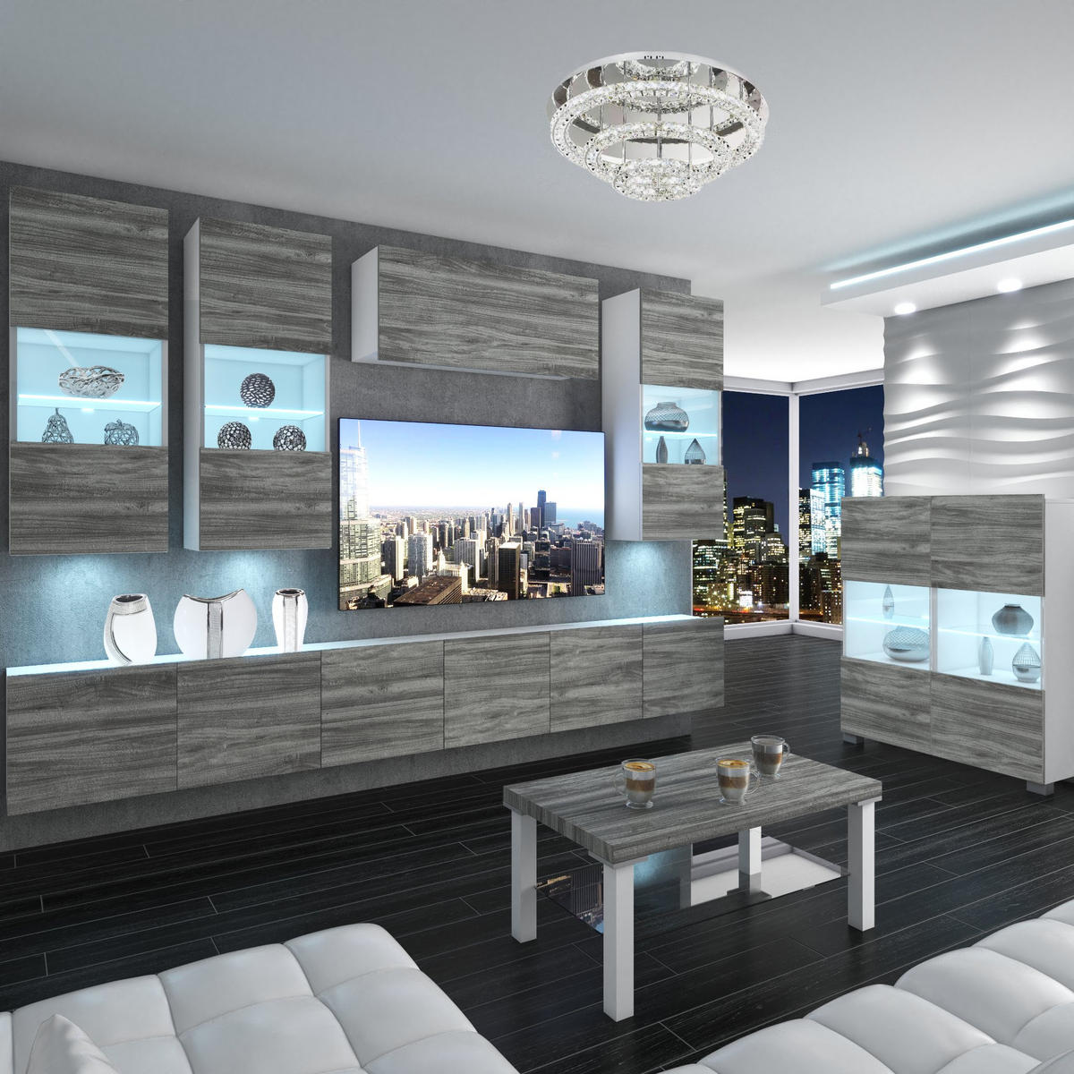 WOHNZIMMERWAND Schrankwand mit LED Glamour Holz - Grau, Holz (300/180/36cm) - B BELINI GROUP