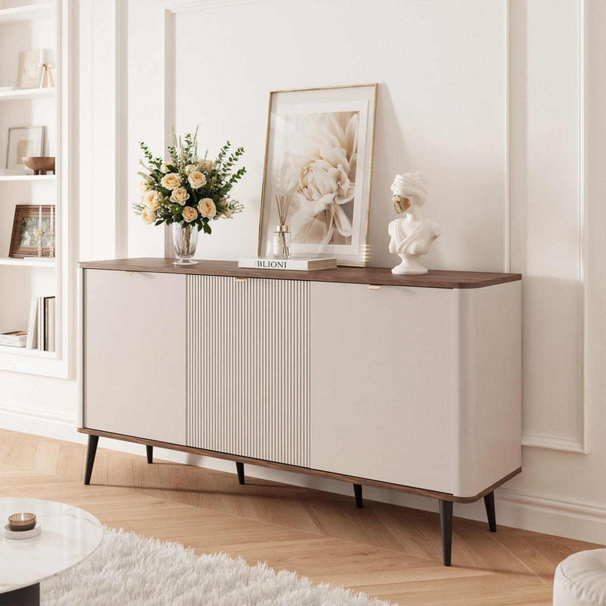 KOMMODE NAVANI 160 cm, Kaschmir / Nussbaum - Goldfarben/Nussbaumfarben, Holzwerkstoff/Metall (160/82/40cm) - Idohome