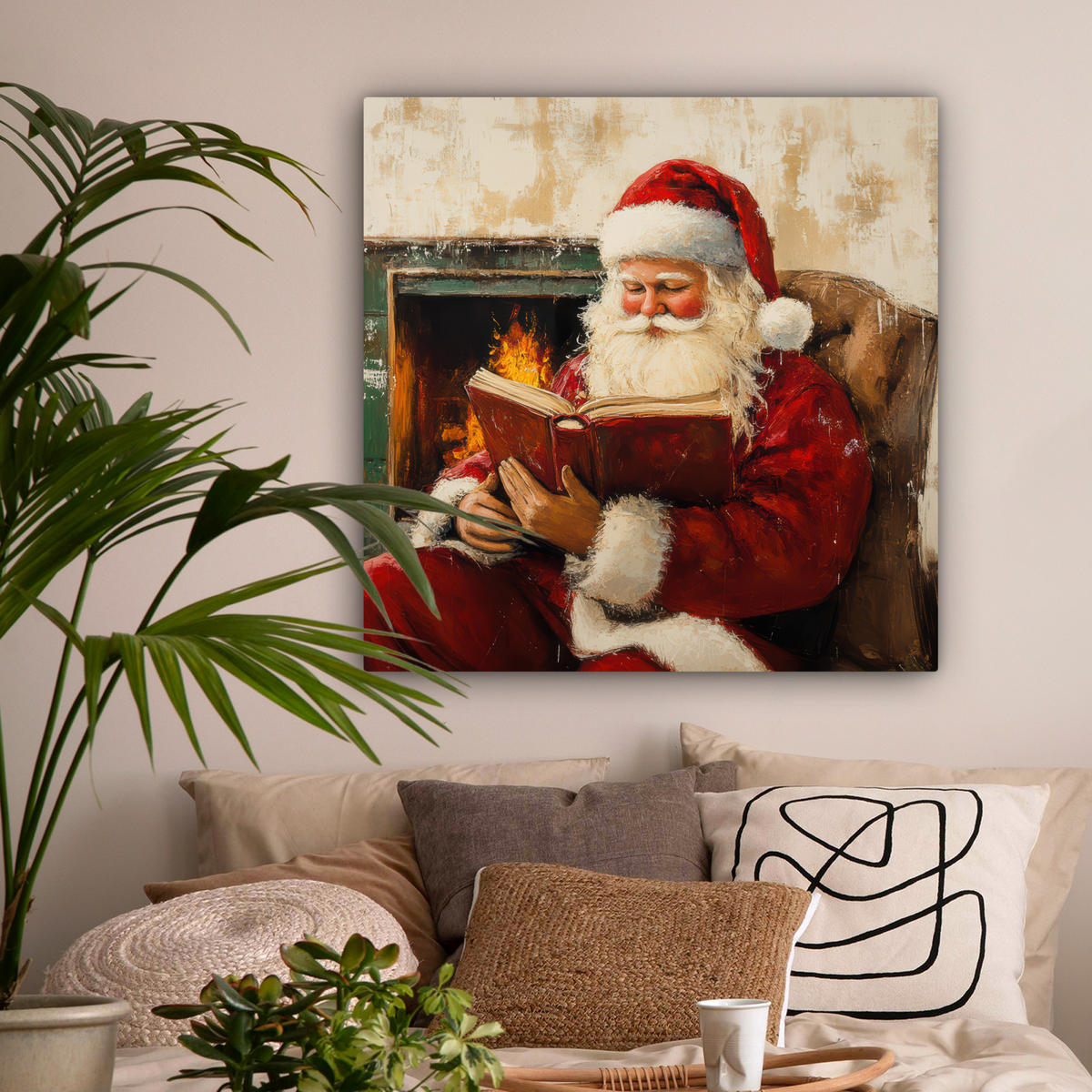 LEINWANDBILD Weihnachten - Weihnachtsmann - Winter - Open Fireside 90x90 cm - Dunkelrot, Textil (90/90cm) - MuchoWow