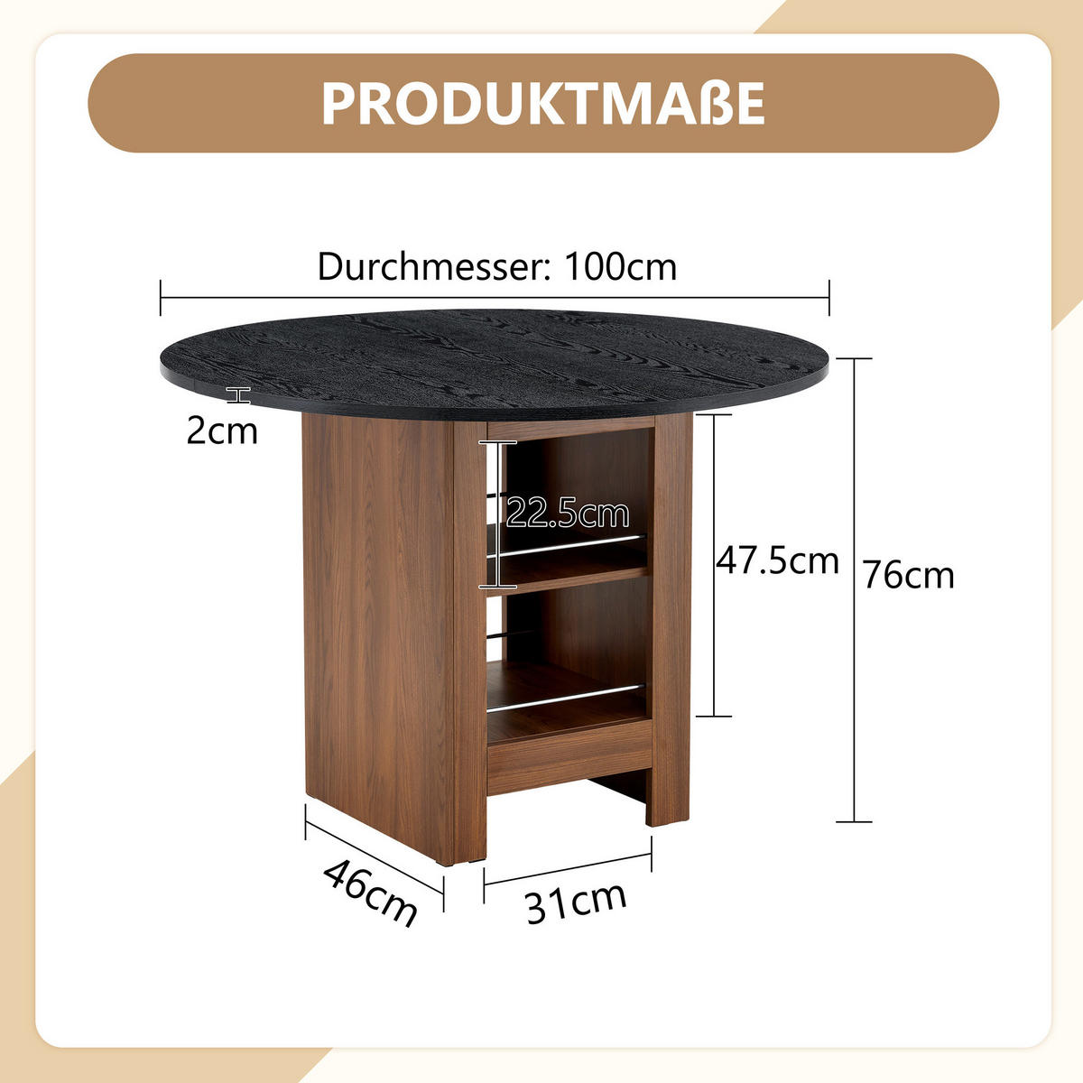 ESSTISCH 100/76 cm Walnuss/Schwarz aus MDF mit Stauraumfächern - Schwarz, Holzwerkstoff (100/100/76cm) - OKMYHOME