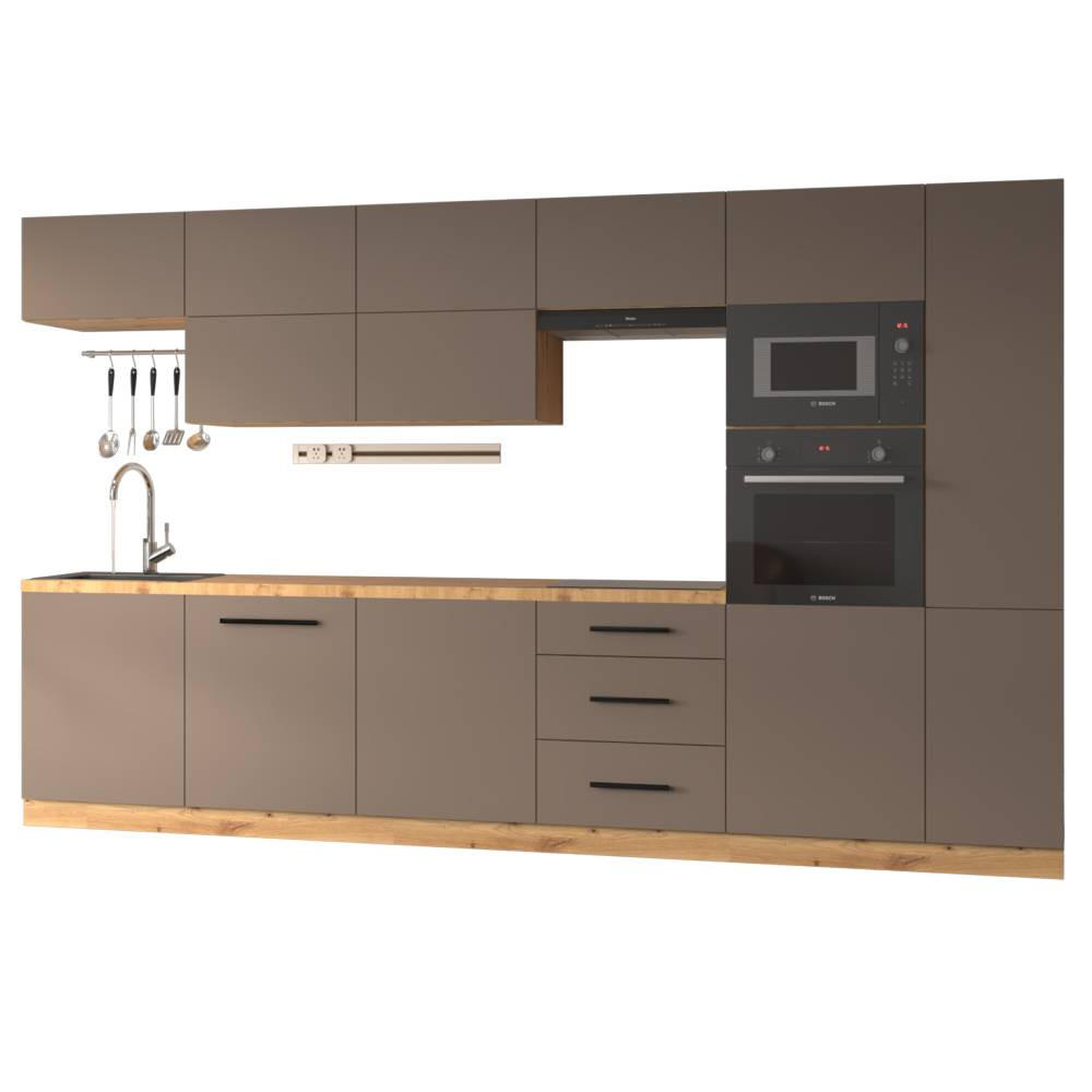 KÜCHENZEILE 340 cm - Langen KL1-M340 in Beige/Matt - Beige/Schwarz, Holz (340/212/58cm)