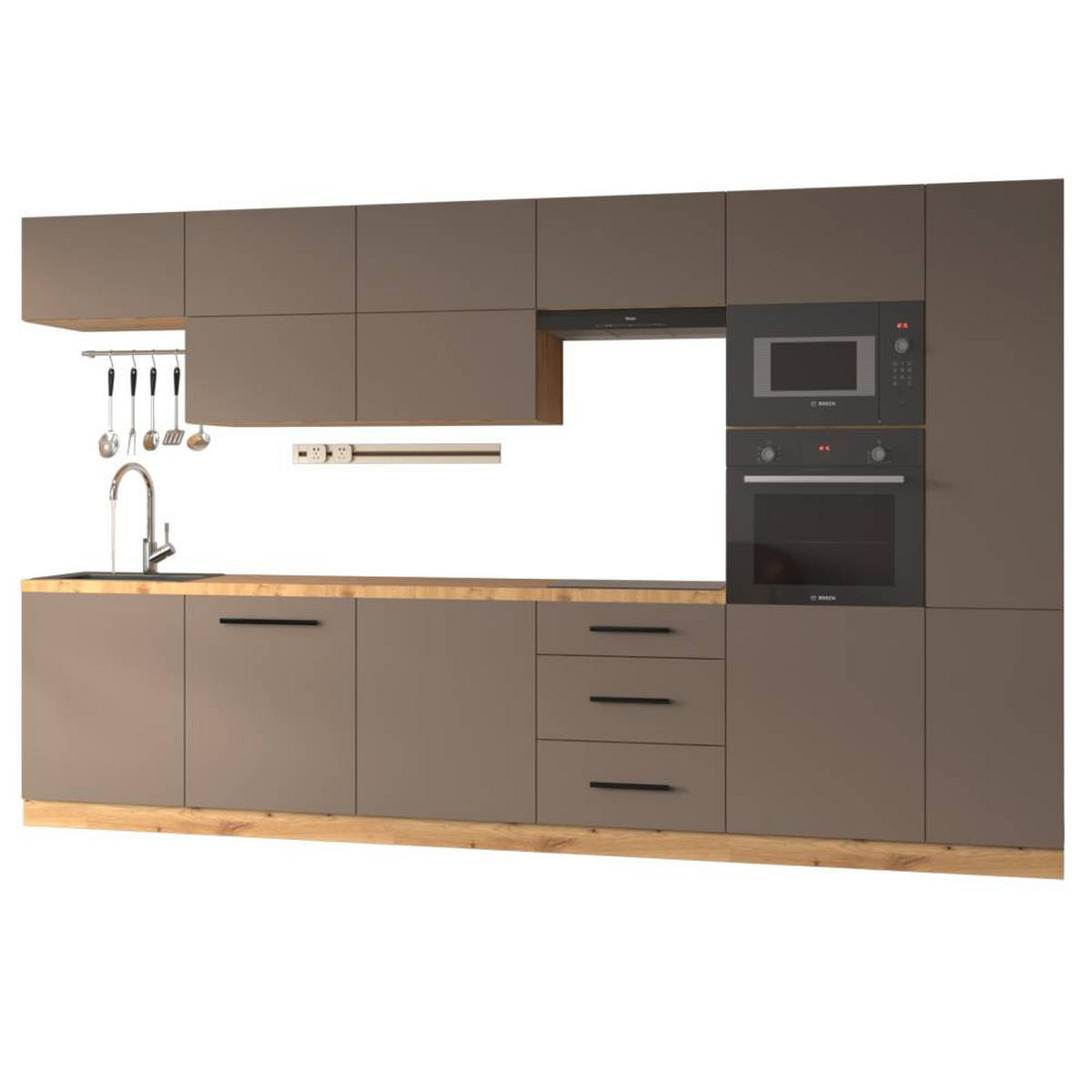 KÜCHENZEILE 340 cm - Langen KL1-M340 in Beige/Matt - Beige/Schwarz, Holz (340/212/58cm)