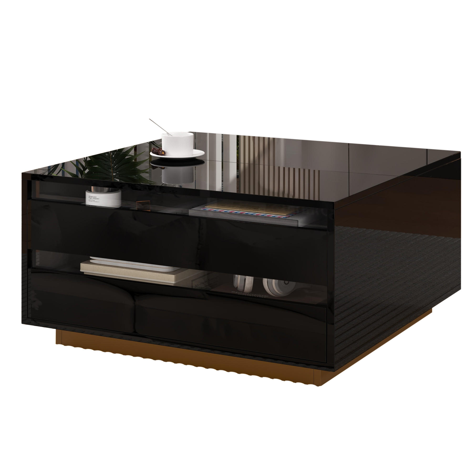 KONFERENČNÍ stolek, 70/70/38 cm, černý, s výklopnou deskou, zásuvkou a LED osvětlením - černá, kompozitní dřevo (70/70/38cm) - BEAOK