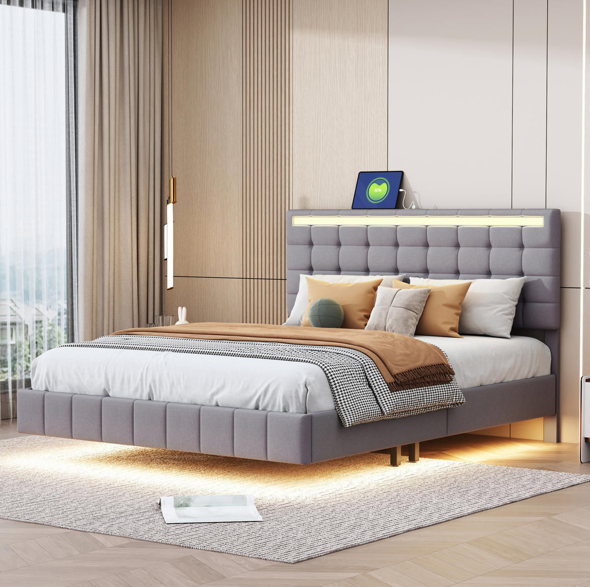 ČALOUNĚNÁ postel 140/200 cm šedá z lněné tkaniny s LED osvětlením a skrytými nohami - šedá, textil (140/200cm) - OKWISH