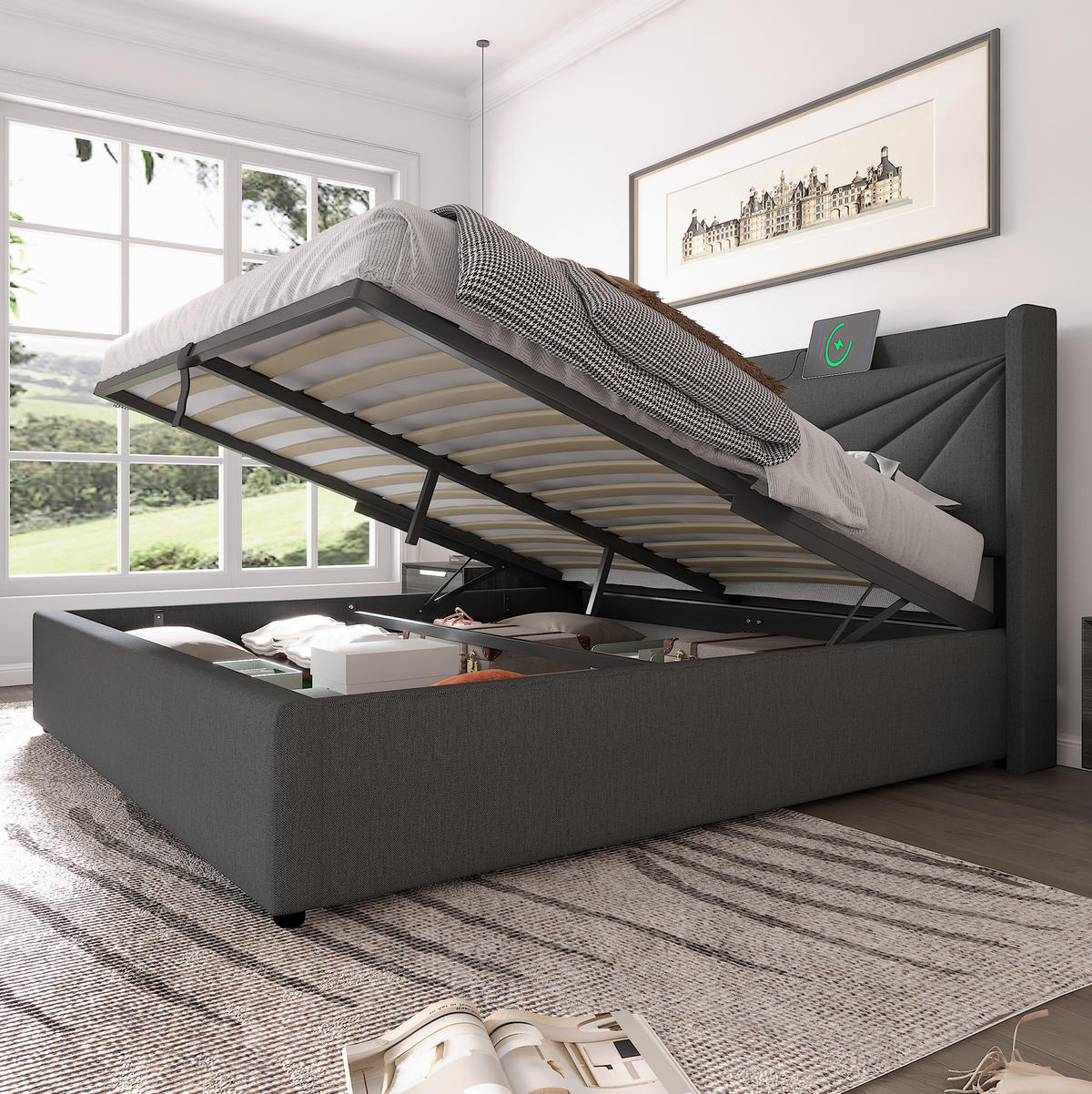 BETT mit Bettkasten und USB/Typ-C 180x200 cm Grau - Grau, Metall (180/200cm) - Meubliv