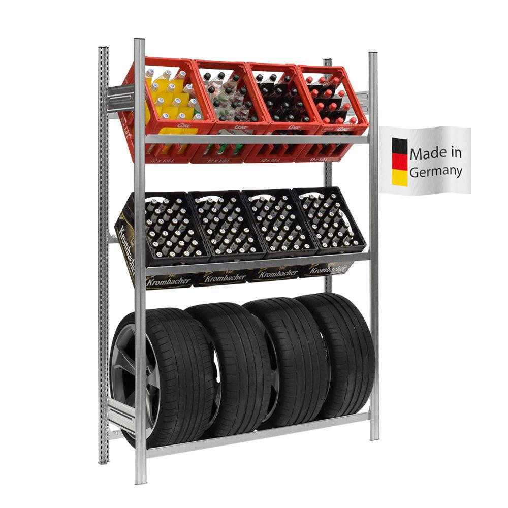 GETRÄNKEKISTEN- & REIFENREGAL Chiemsee TIRE 200x136x43,5cm 6 Kisten auf 2 Ebenen + 4 Reifen Verzinkt - Silberfarben, Metall (136/200/43.5cm) - PROREGAL