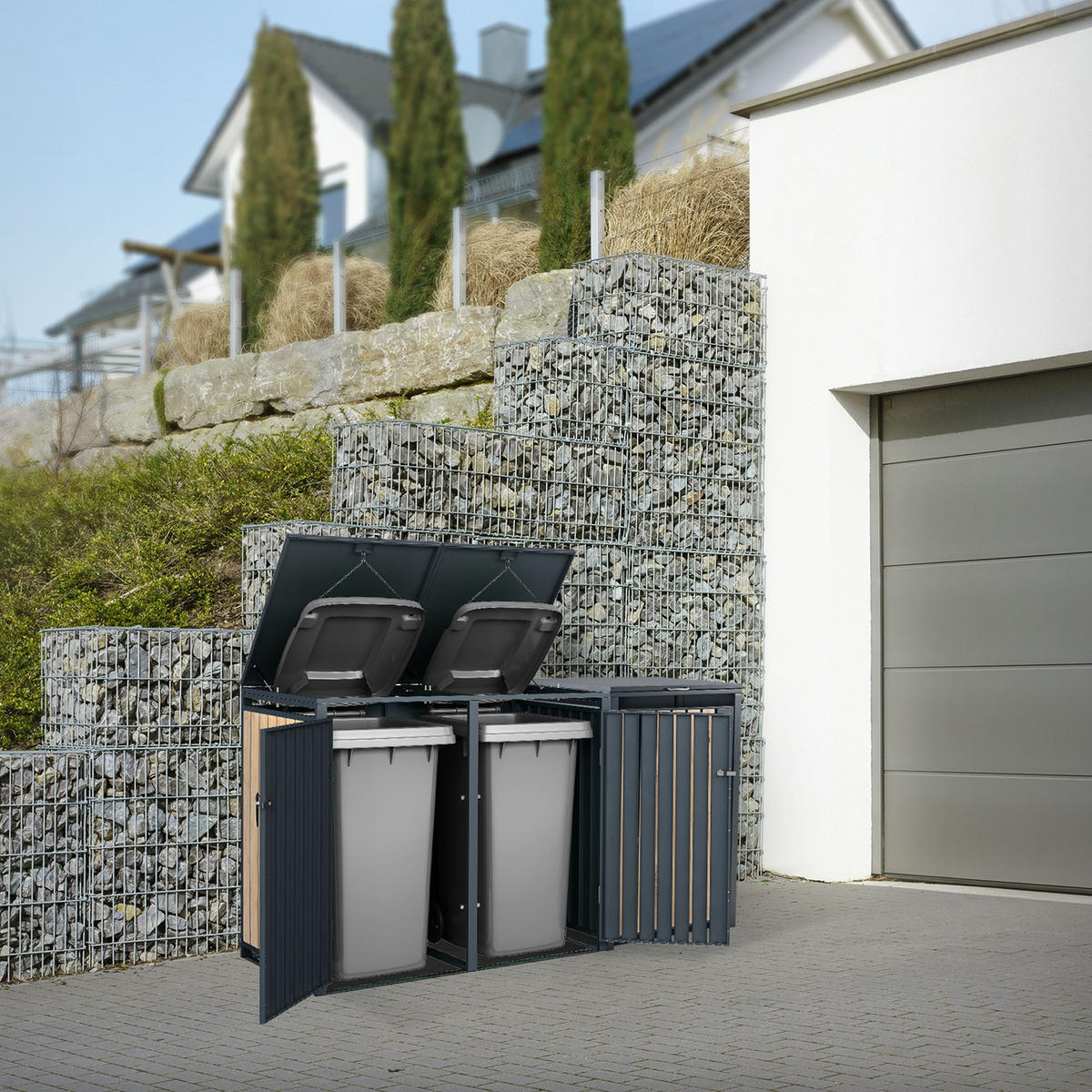 MÜLLTONNENBOX 3er Anthrazit-Lärchenoptik - Naturfarben, Metall (80/116.3/200cm) - ML-DESIGN
