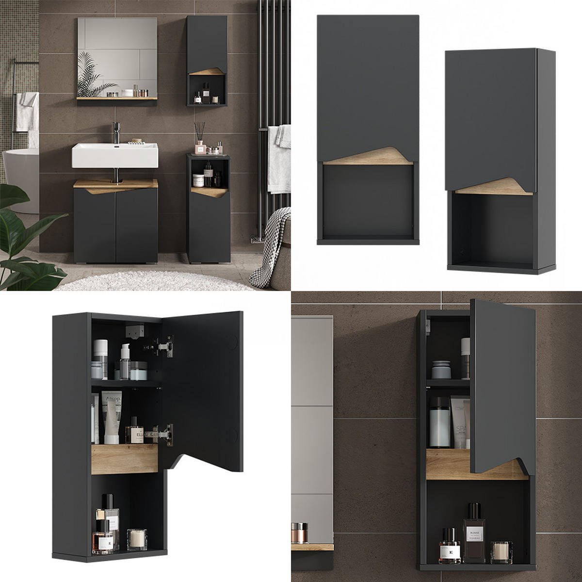 BADSCHRANK Marelle Anthrazit 30 x 67 cm mit Tür und offenem Fach - Anthrazit, Holzwerkstoff (30/67/17cm) - Vicco