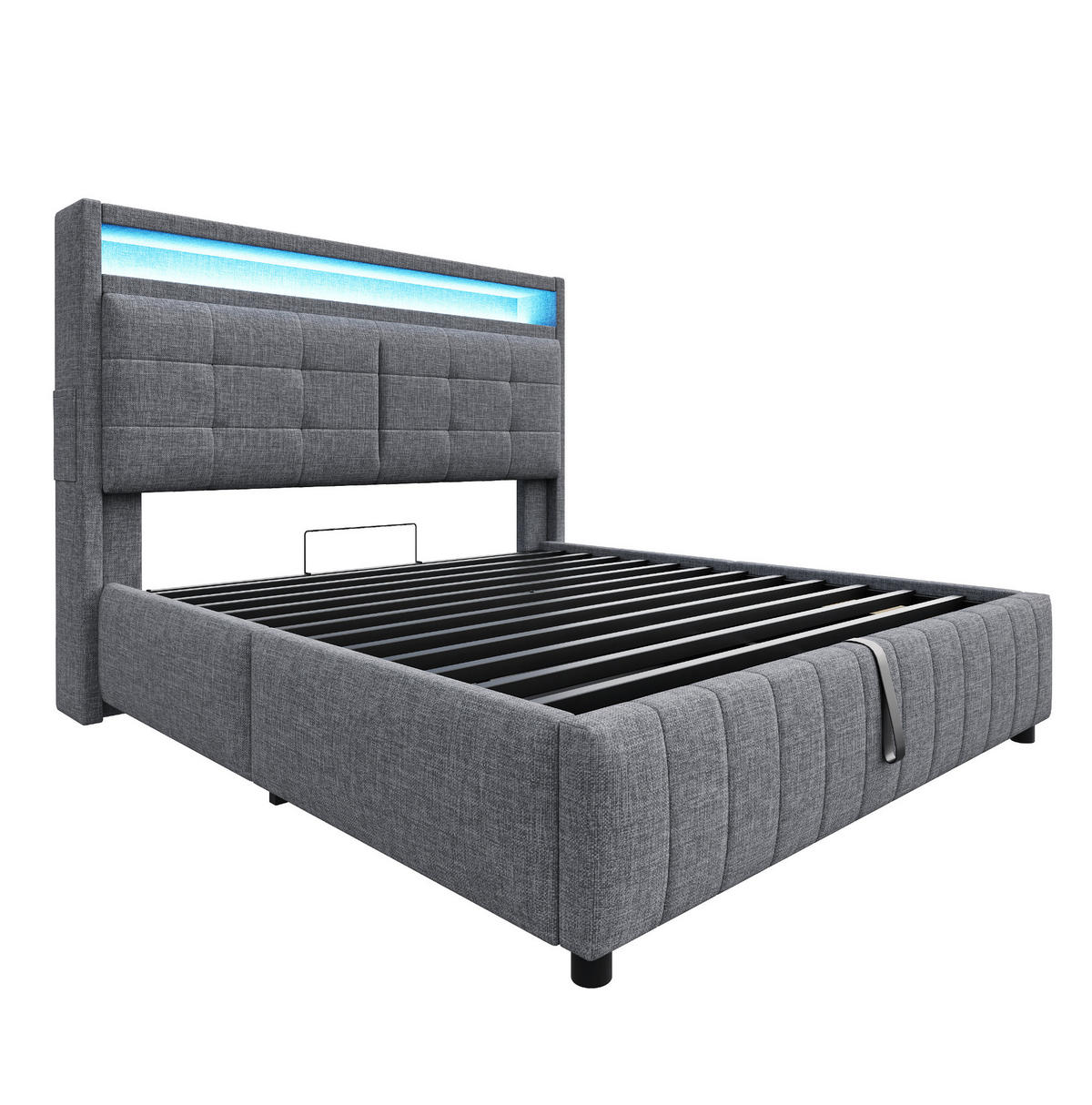 POLSTERBETT aus Leinenstoff 160x200 cm Grau mit LED-Beleuchtung, USB-Anschluss und hydraulischem Stauraum - Grau, Textil (160/200cm) - IVMEU