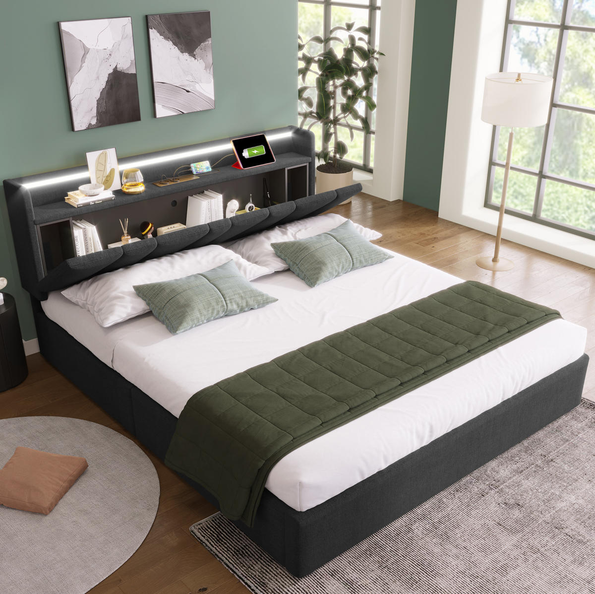 POLSTERBETT 140/200 cm mit LED-Beleuchtung, Stauraum-Kopfteil und USB in Grau - Grau, Textil (140/200cm) - BEAOK