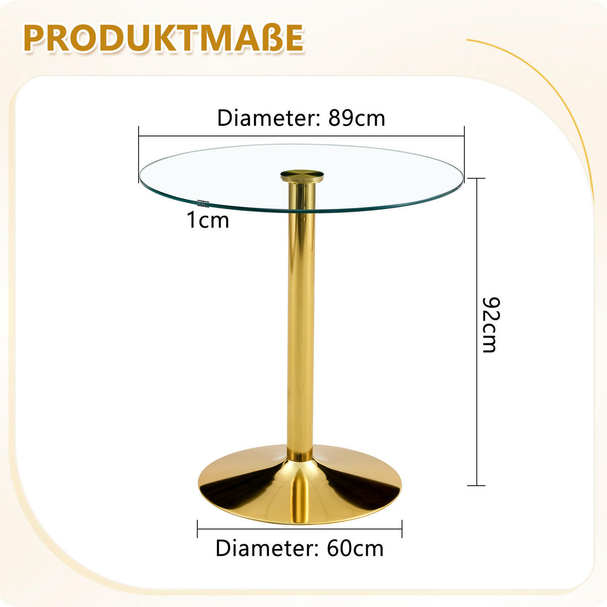 RUNDER Bartisch 89/89 cm aus Glas mit Metallgestell in Gold, Höhe 92 cm - Goldfarben, Holzwerkstoff (89/89/92cm) - BEAOK