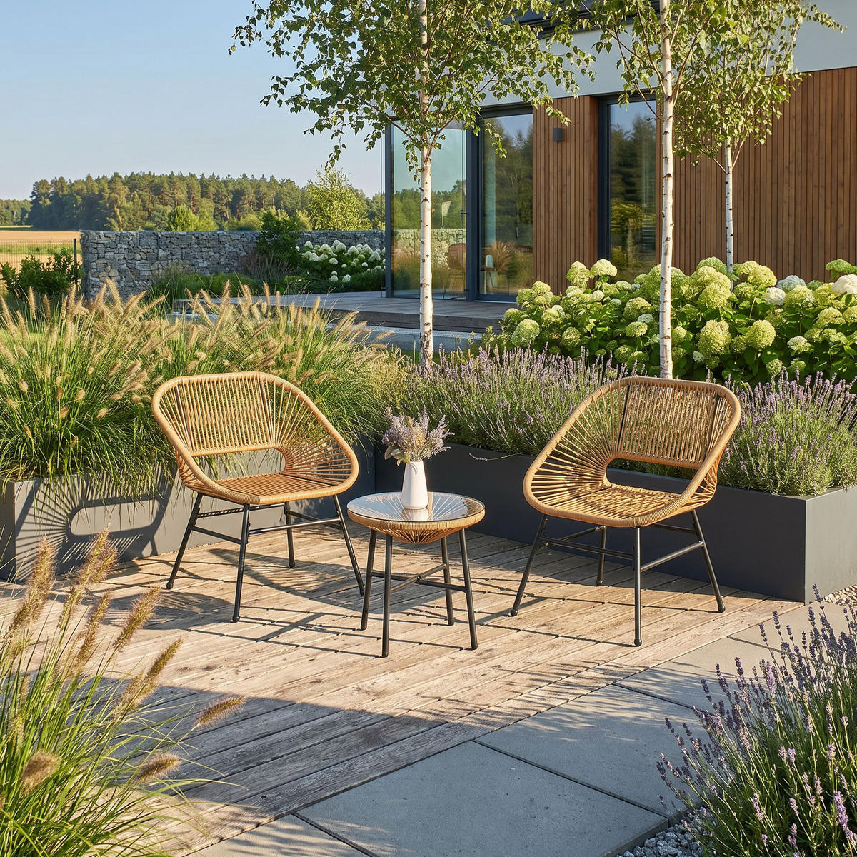 GARTENSET Malika 2 Sessel und Tisch mit Glasplatte, mit Metallrahmen, Beige - Beige/Schwarz, Metall - Beautysofa