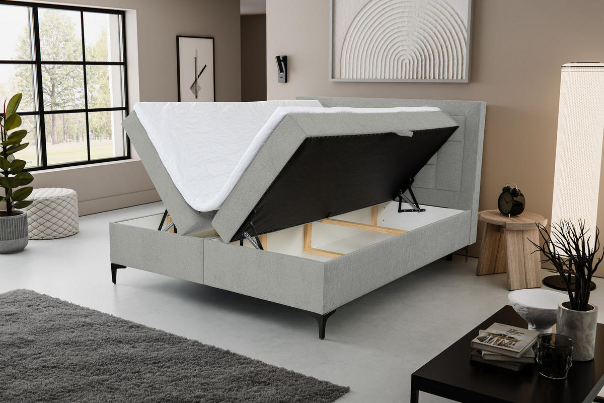 BOXBETT VENEZIA mit 2 Bettkästen, Maße: 140x200 cm, Farbe: Grau, Velourstoff, mit Bonell-Matratze inkl. Topper - Grau, Holz/Kunststoff (140/200cm) - VENASI MÖBEL