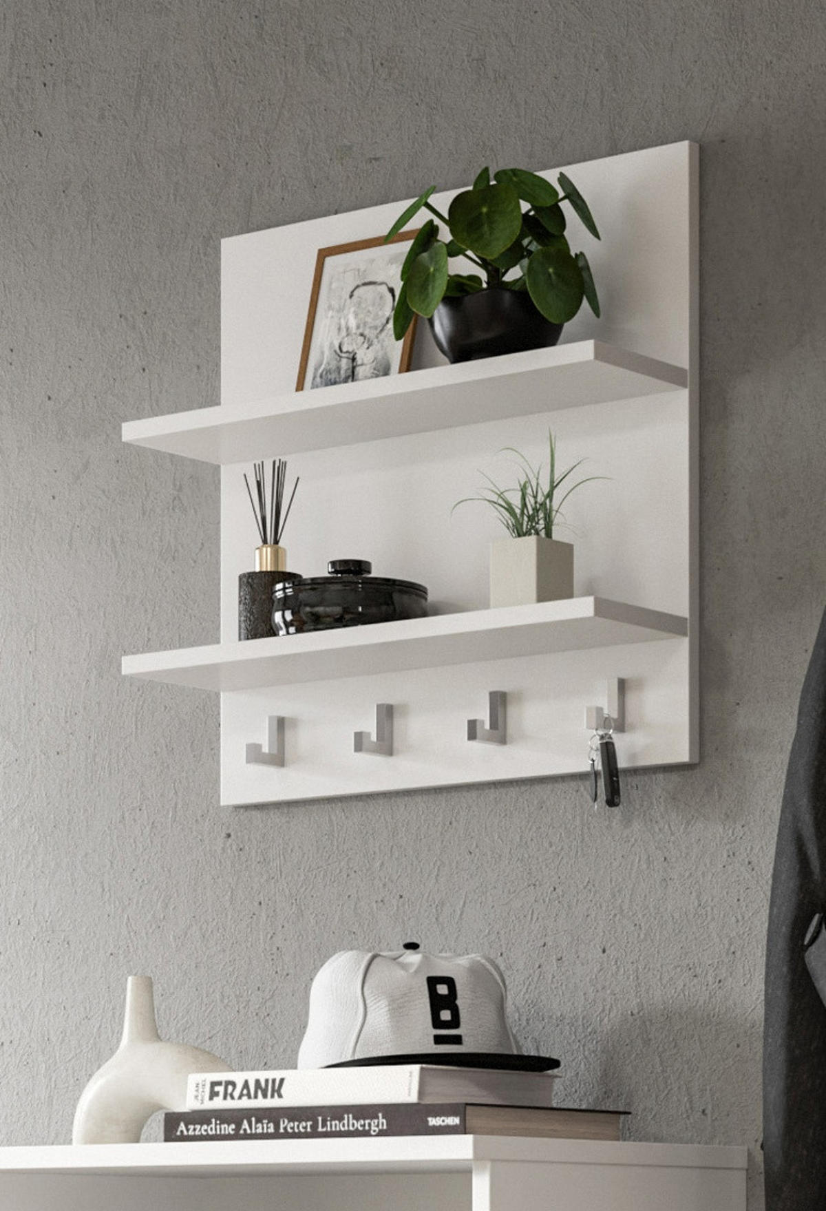 WANDREGAL weiß 52 x 52 cm, Schlüsselbrett mit Haken und Regalen - Weiß, Holzwerkstoff/Metall (52/52/15cm) - Inn.Furn