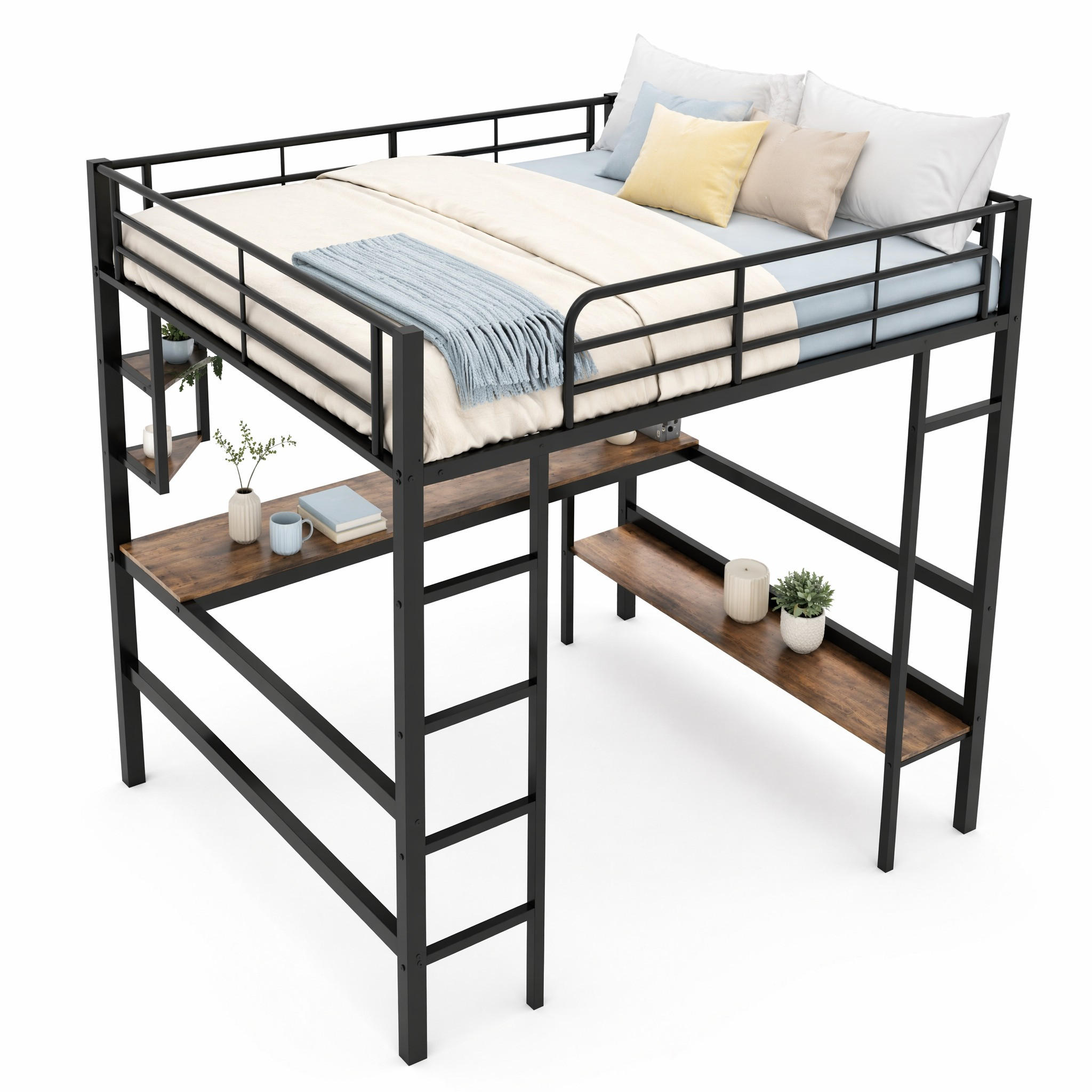 HOCHBETT 140/200 cm in Schwarz mit Schreibtisch und 5 Regalen Metallbett - Schwarz, Holz/Metall (140/200cm) - STILVORA