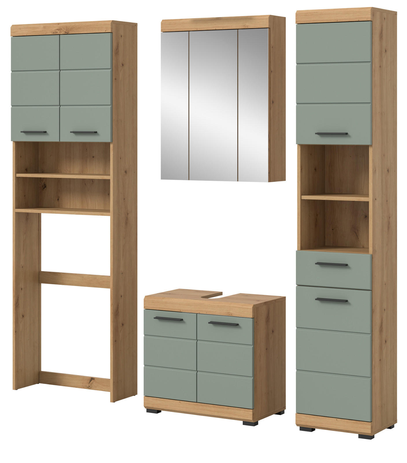 BADMÖBEL-SET Salbei grün, Eiche Artisan 4-teilig 190 cm, Komplettset mit viel Stauraum - Salbeigrün/Schwarz, Glas/Holzwerkstoff (190/191/34cm) - Inn.Furn