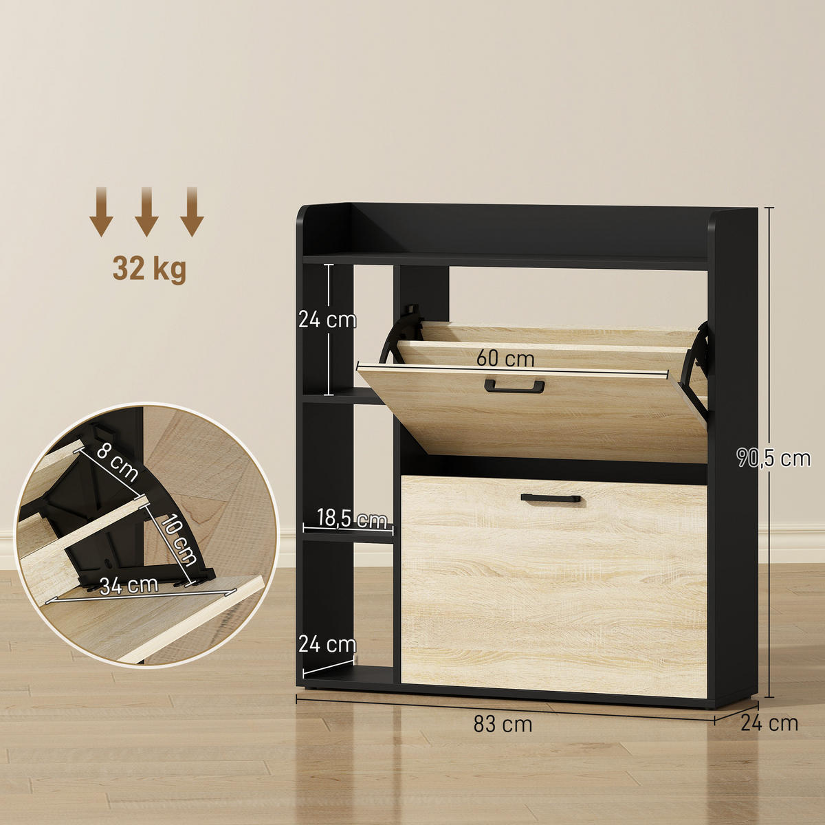 SCHUHSCHRANK Natur und Schwarz Holzwerkstoff klappbar mit Fächern 1 Stück - Naturfarben, Holzwerkstoff (83/90.5/24cm) - PANGIVO