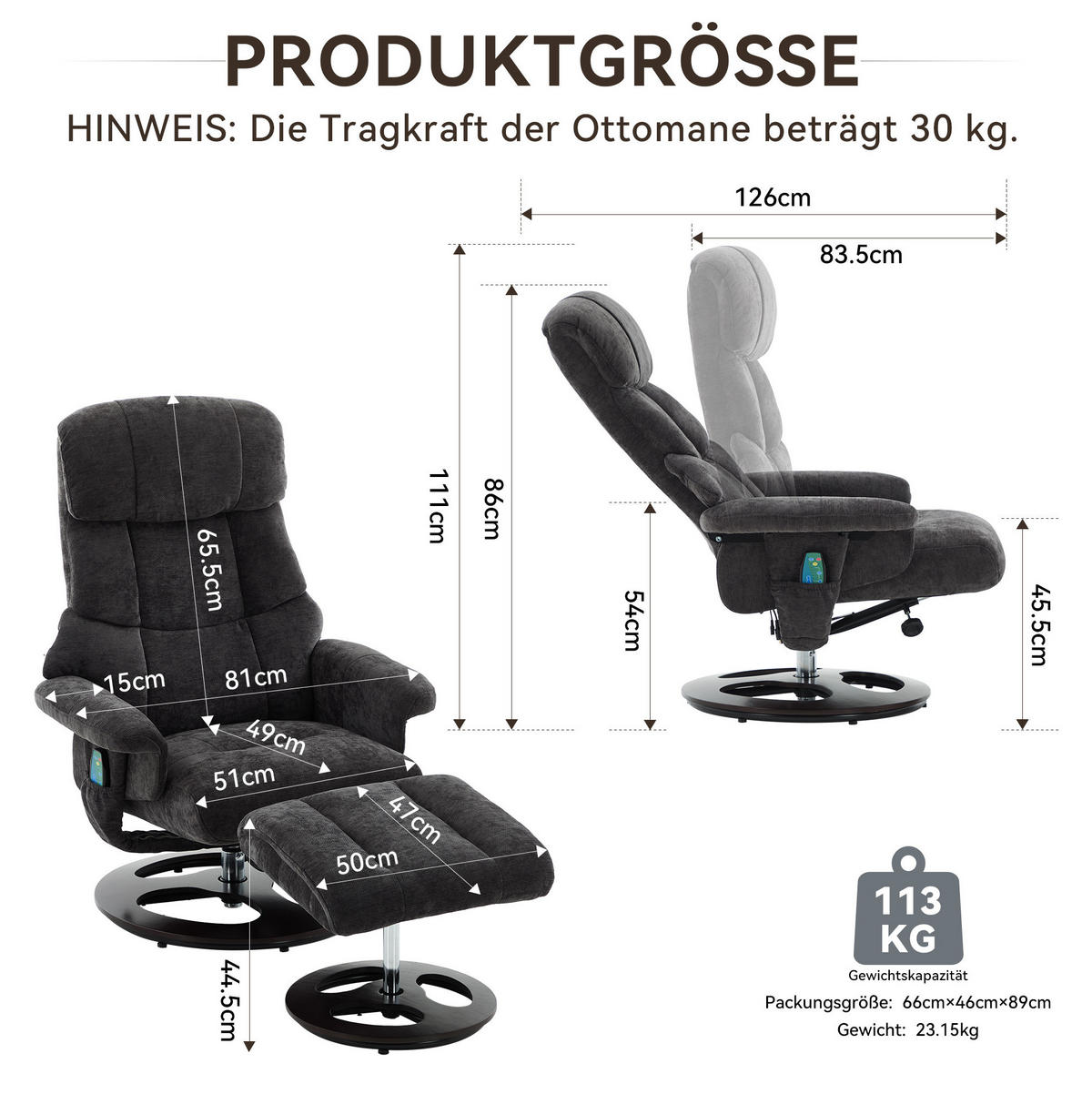 RELAXSESSEL 83,5/81/111 cm in Dunkelgrau mit Massagefunktion und Hocker - Dunkelgrau, Textil (83.5/111/81cm) - BEAOK