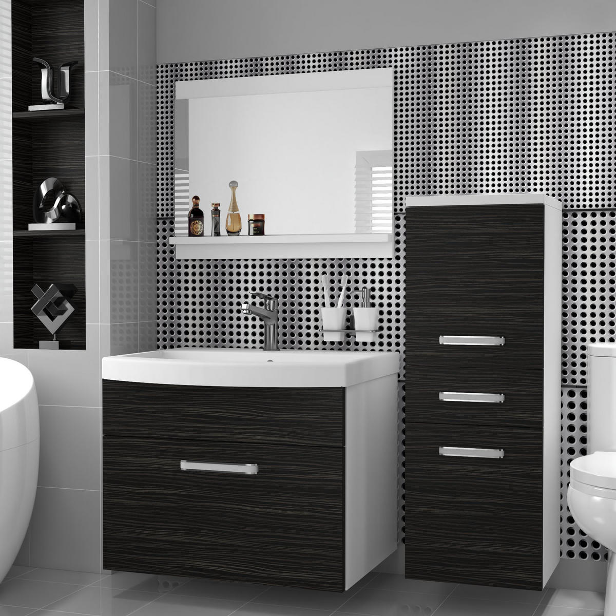 BADMÖBEL Badezimmer SET PRI M2, Ebenholz Matt, 90 cm - Schwarz, Holz (38.7/81/90cm) - B BELINI GROUP