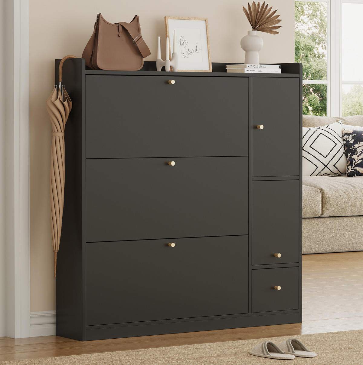 SCHUHSCHRANK aus Spanplatte 119x24x122cm in Schwarz mit Sitzbank - Schwarz, Holzwerkstoff (119/122/24cm) - Modfu