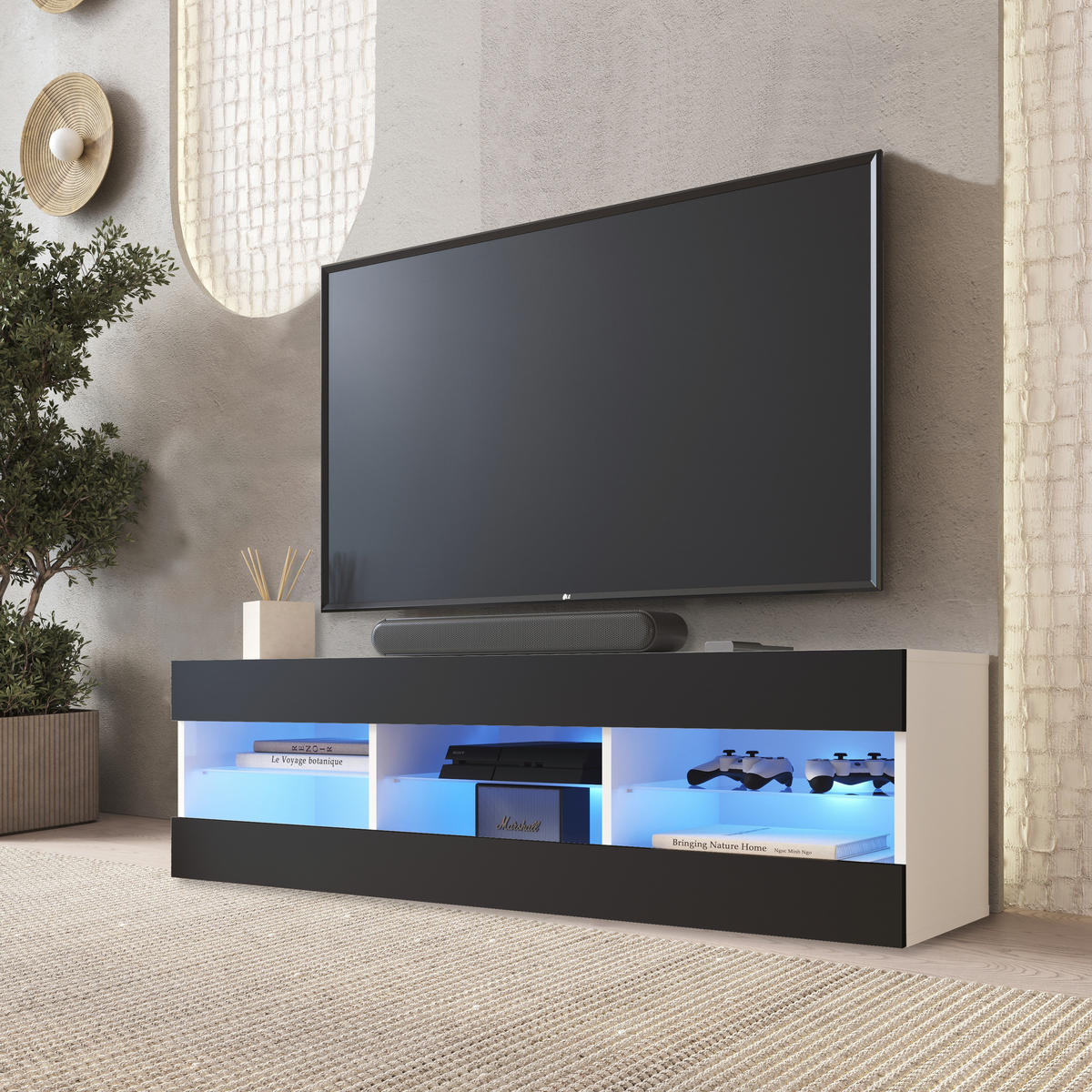 LOWBOARD TIVOLI RTV 140, Schwarz, LED Blau - Schwarz/Weiß, Glas/Holzwerkstoff (140/40.5/35.5cm) - Komodee