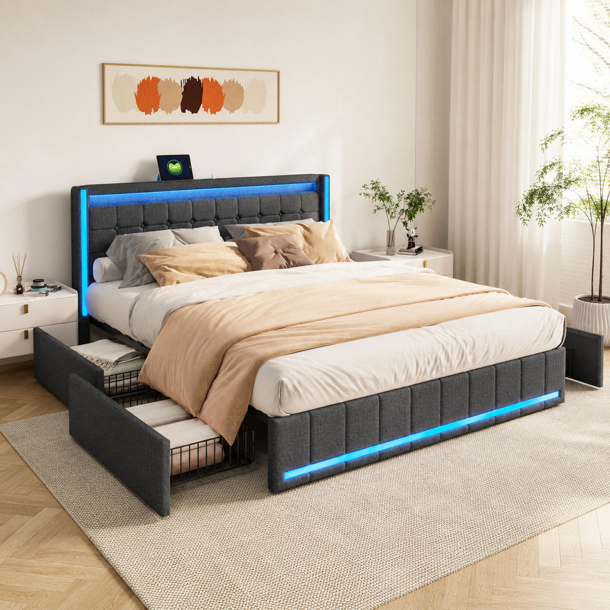 POLSTERBETT 140/200 cm mit LED und vier Schubladen, modernes Stauraumbett für Schlafzimmer - Dunkelgrau, Holz/Metall (140/200cm) - Joyfair