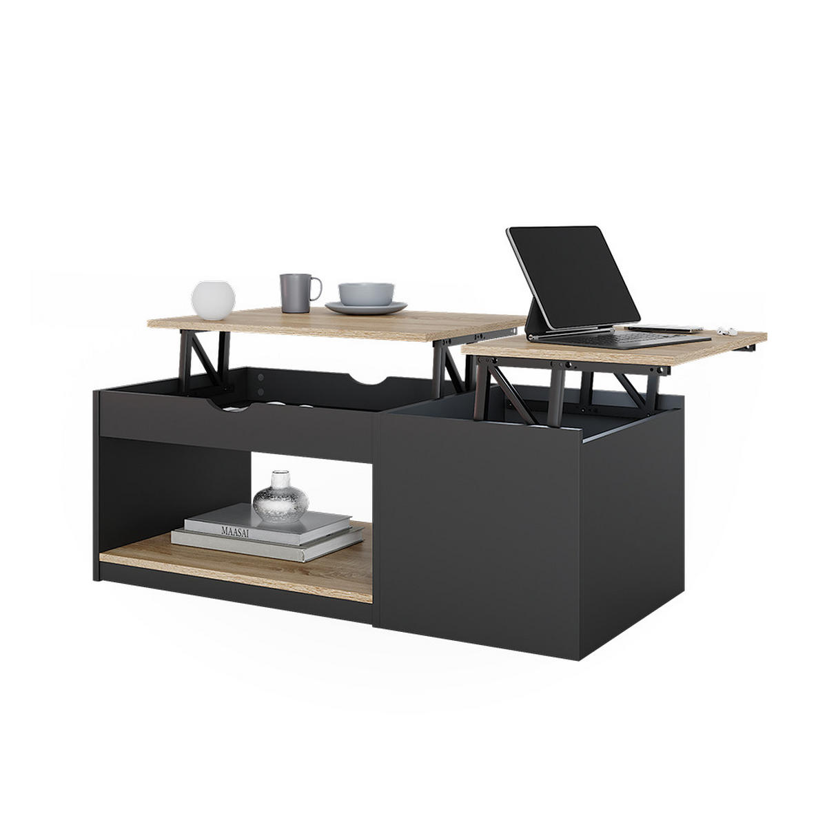 COUCHTISCH Avela Schwarz 110 x 110 cm - Schwarz/Sonoma Eiche, Holzwerkstoff (110/55/54cm) - Vicco