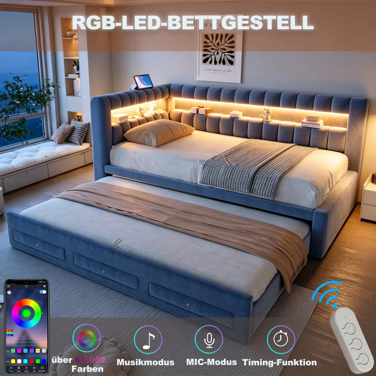SCHLAFSOFA 90*190 cm mit Ausziehbett, LED und USB, Dunkelgrau - Grau, Textil (90/190cm) - FLIEKS