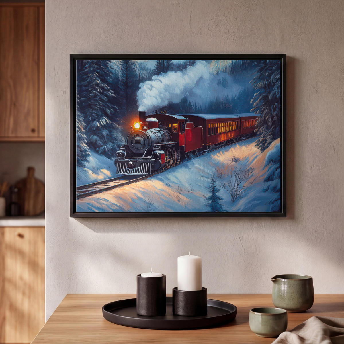 LEINWAND Bilder mit Rahmen - Zug - Weihnachten - Schnee - Weihnachtszug - 40x30 - Anthrazit, Textil (40/30cm) - MuchoWow