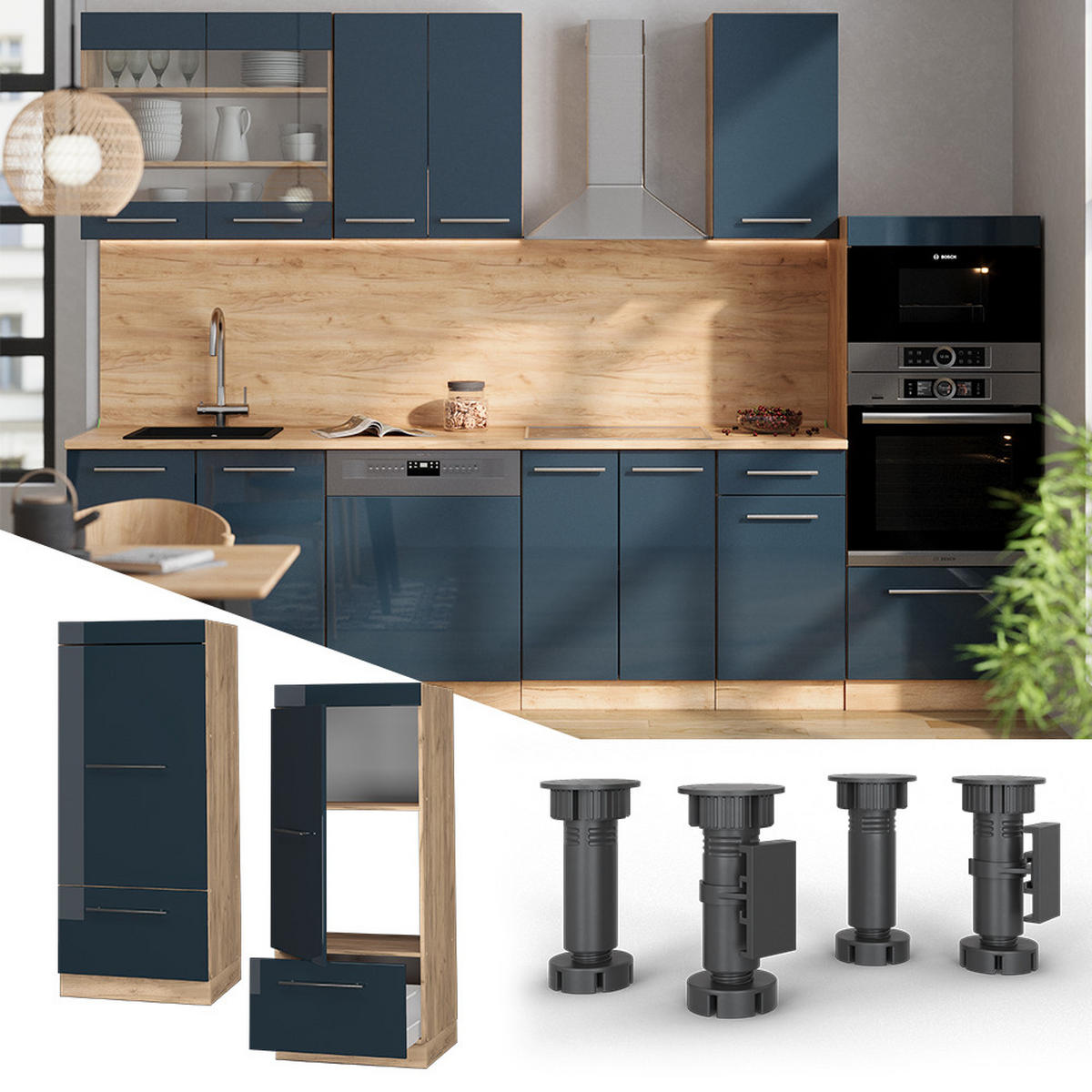 MIKROWELLENSCHRANK Fame-Line Dunkelblau Hochglanz 60 cm - Eiche Wotan/Dunkelblau, Holzwerkstoff (60/153.6/58.1cm) - Vicco